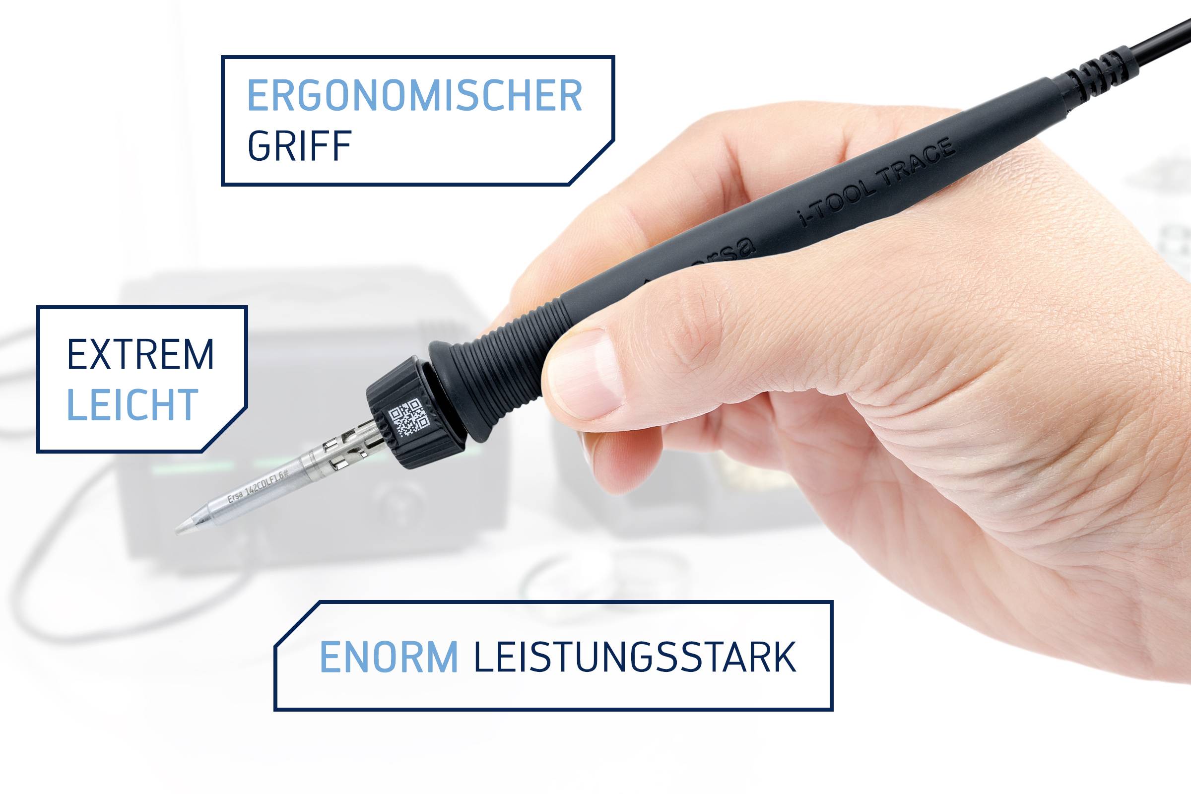 A hand is holding a soldering iron with a built-in 'ergonomic handle'. Text boxes: 'Extremely lightweight' and 'enormously powerful'.