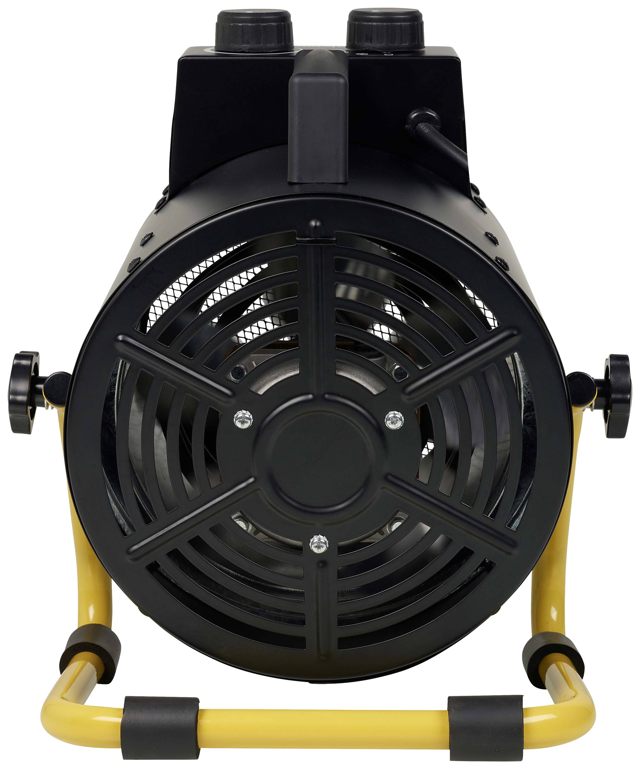 Industrial fan in black casing with yellow stand, photographed from the front.