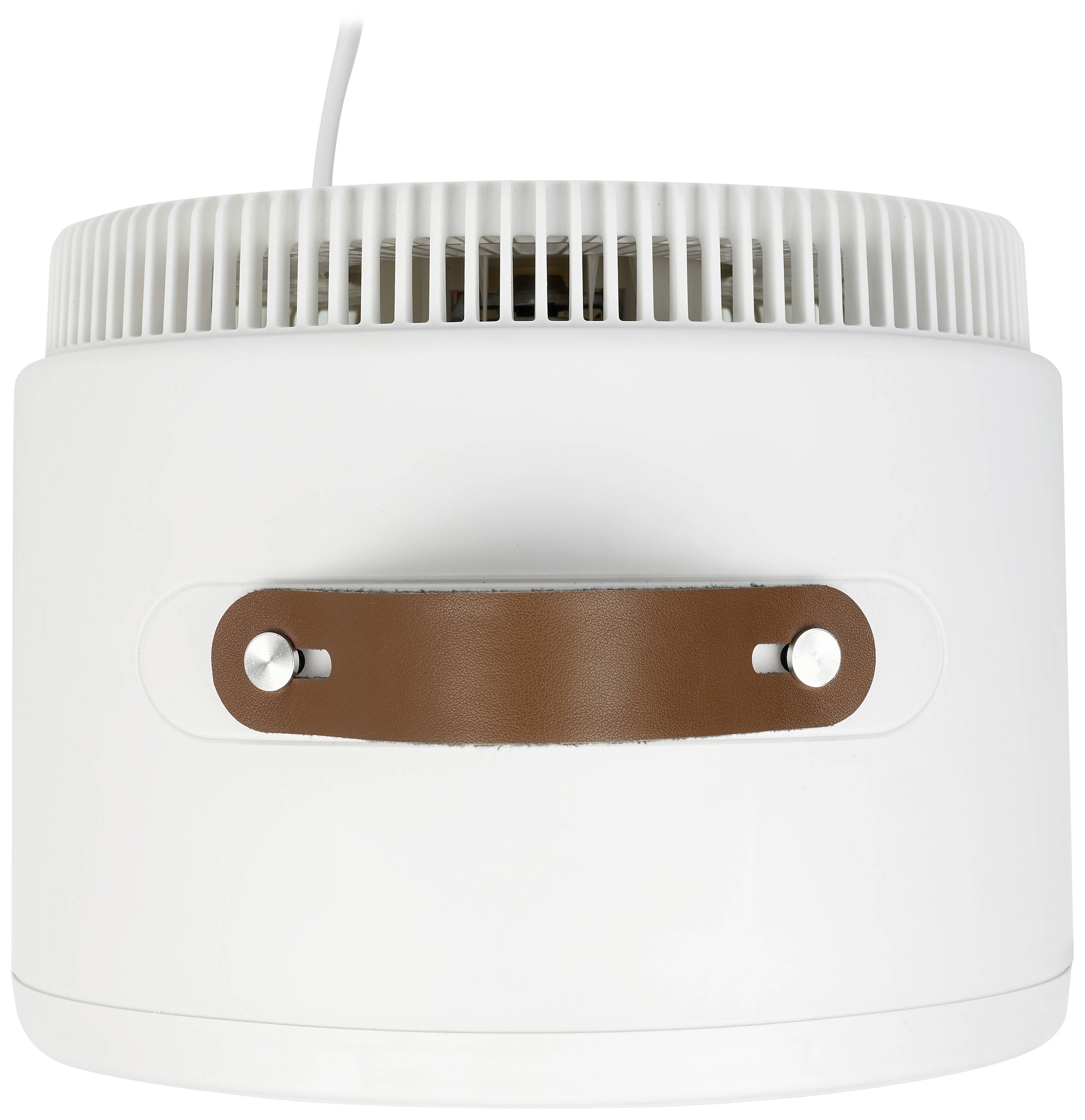 A white, cylindrical air purifier with a brown leather handle on the side. Ventilation slots are visible on the top.