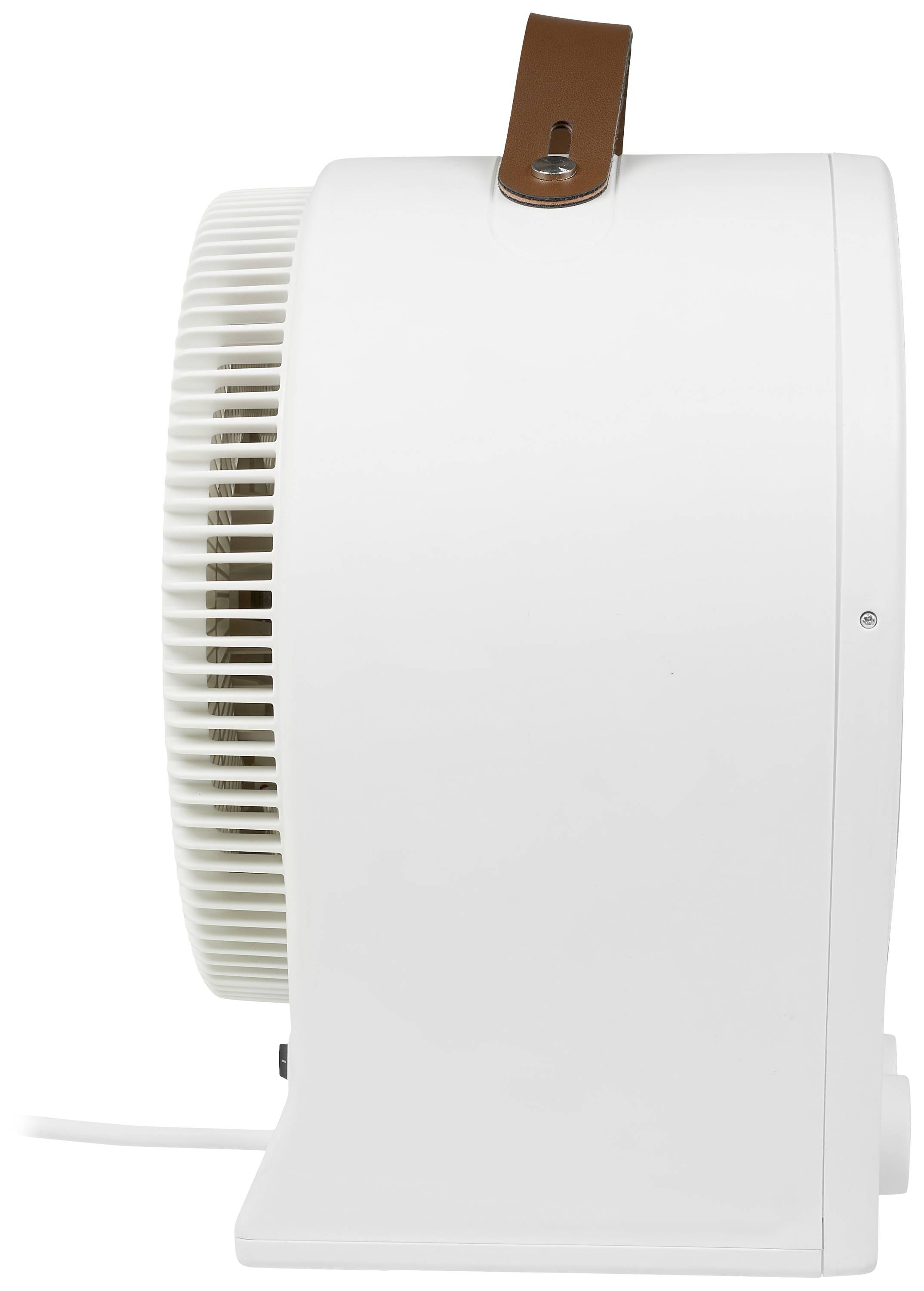 White fan viewed from the side, with brown leather handle at the top, fan slats visible.