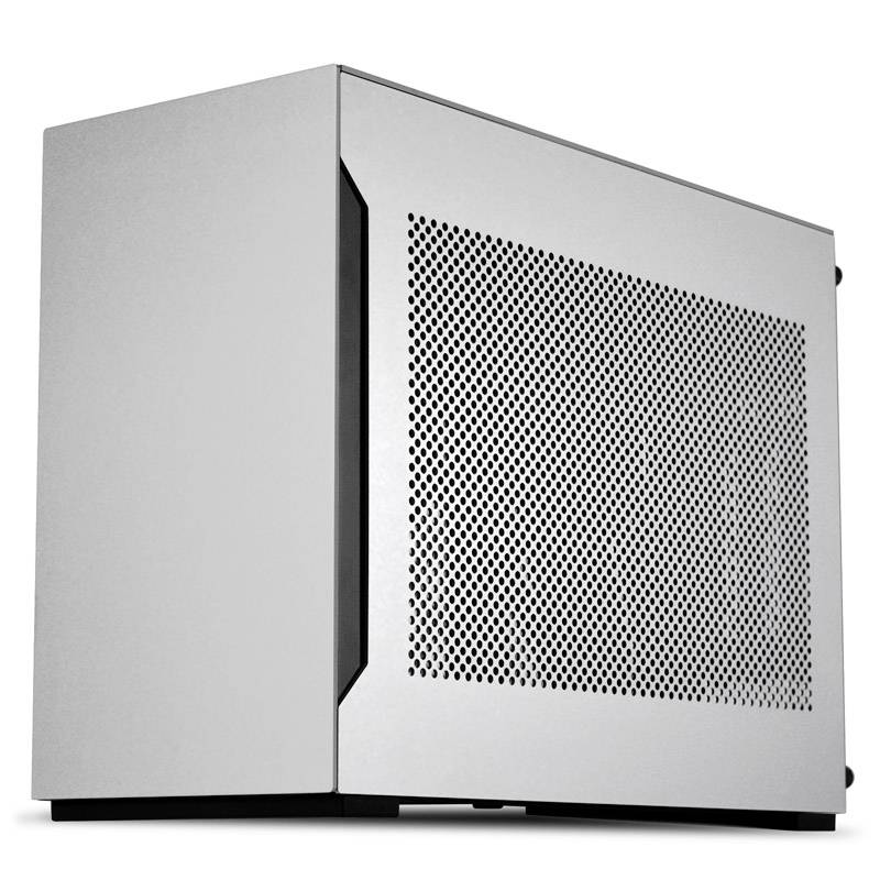 A silver computer case with a perforated side panel for ventilation, designed in a minimalist and modern style.