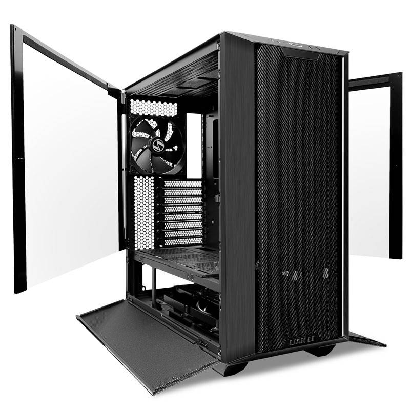 Open PC case with air inlets and built-in fan. Side and front panels opened, revealing internal structure.