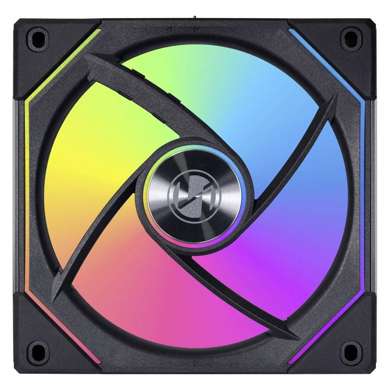 An RGB computer fan with illuminating colours in a square black frame, displaying a dynamic colour-changing light effect.
