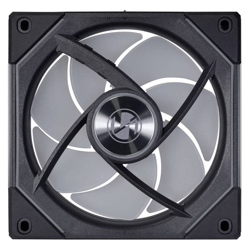 A square computer fan with five white blades, set within a black frame.