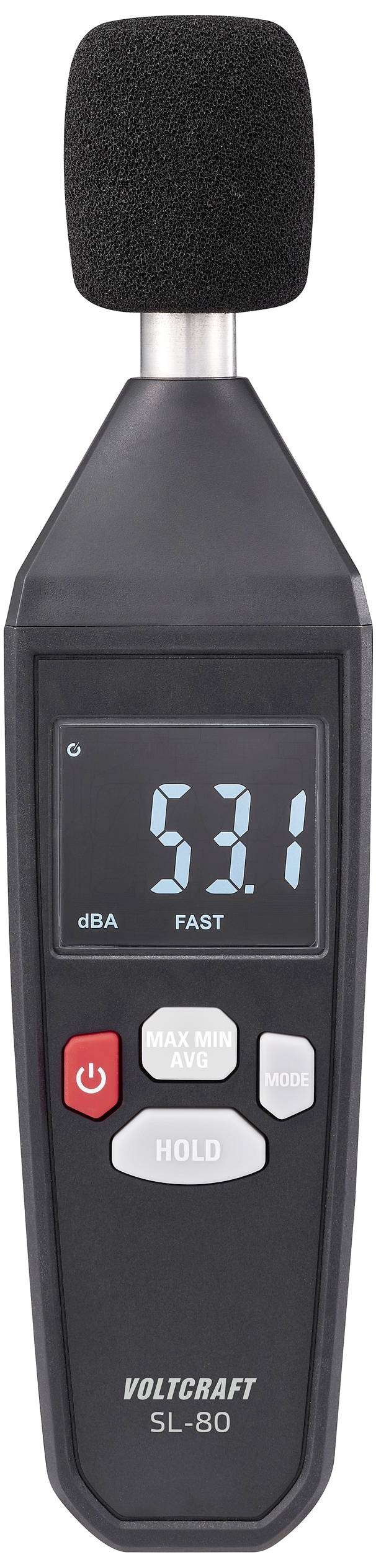 A sound level metre shows a reading of 53.1 decibels on a digital display. The device has control buttons underneath.