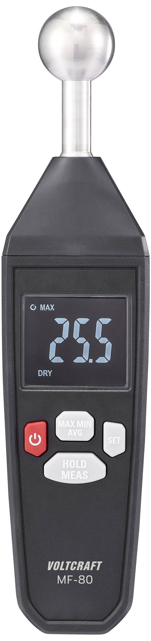 A black measuring device displays a reading of '25.5'. It has several buttons and a metallic sensor plate on top.