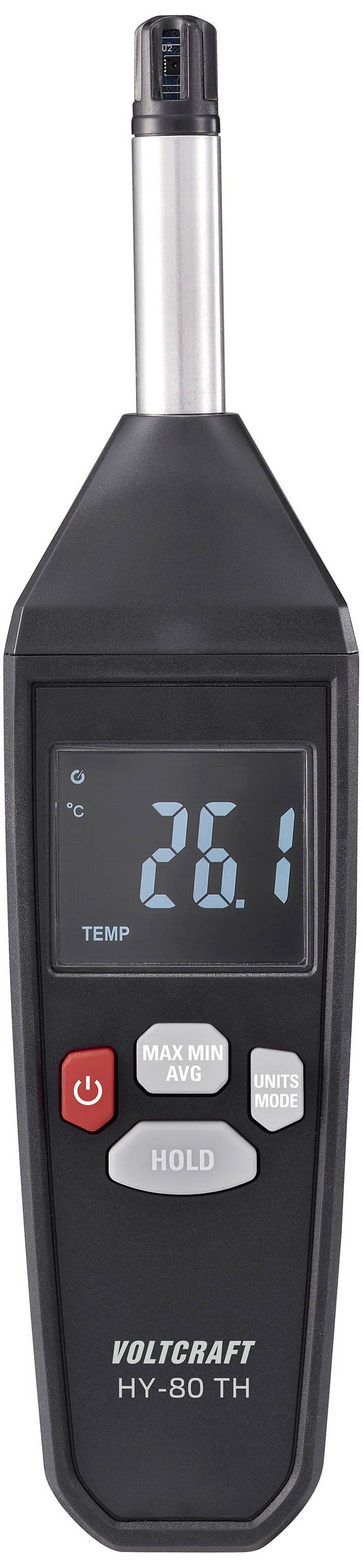 Digital hygrometer showing temperature '26.1°C'. Black device with display and control buttons, model VOLTCRAFT HY-80 TH.