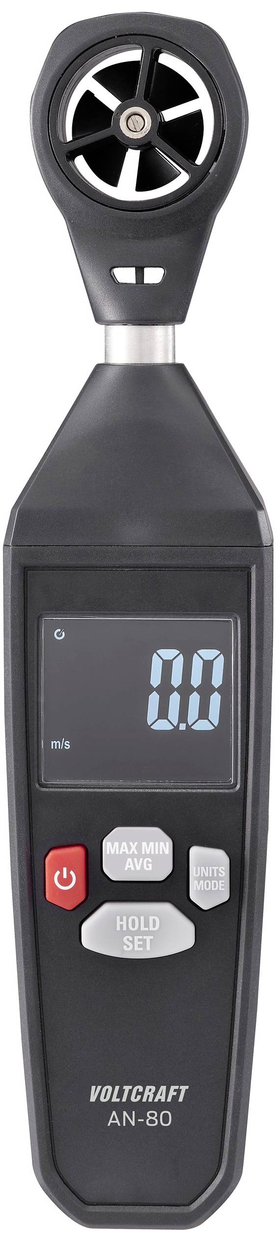 A digital anemometer with display shows a reading of 0.0. It has buttons for On/Off, Max/Min, and Hold/Set.