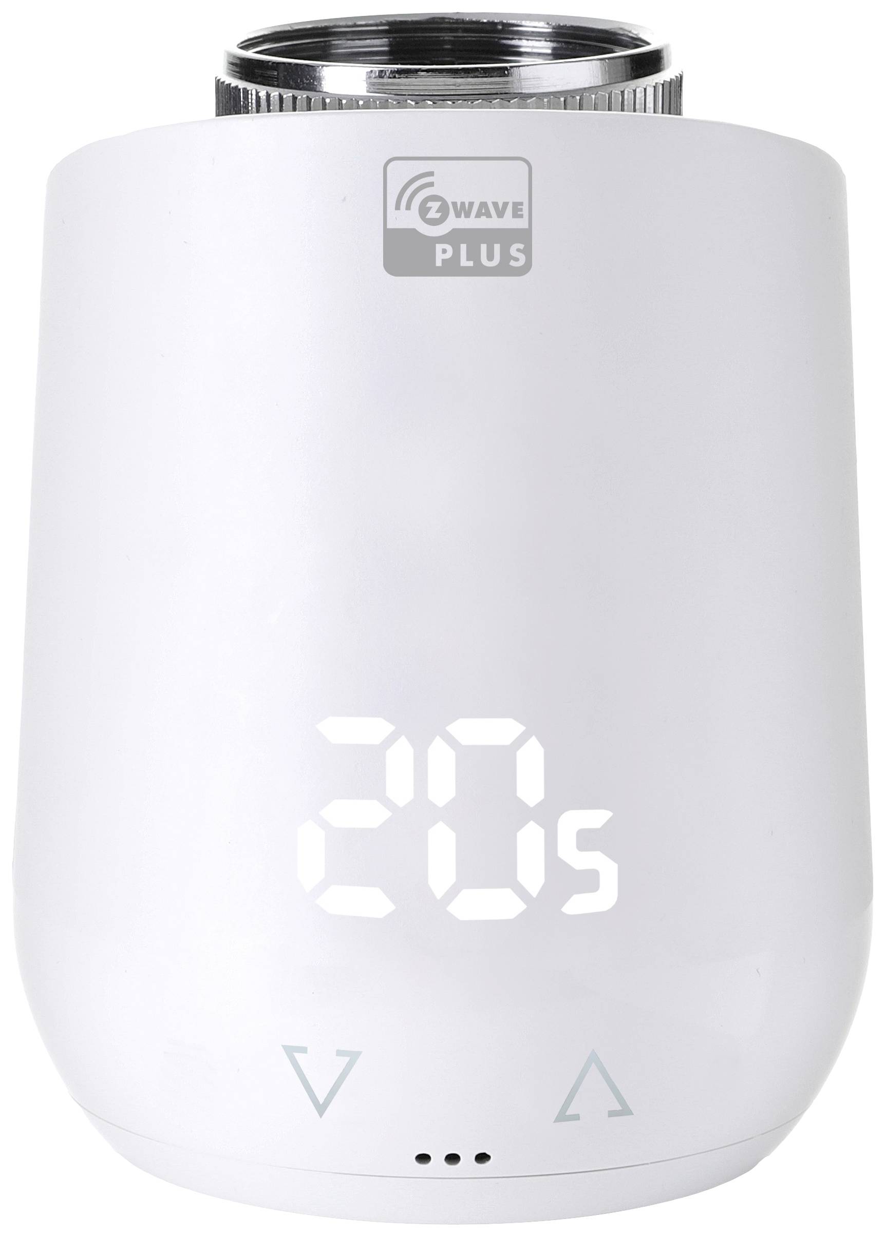 White digital heating thermostat with LED display showing '20s', likely for temperature control. A mounting ring is located at the top.