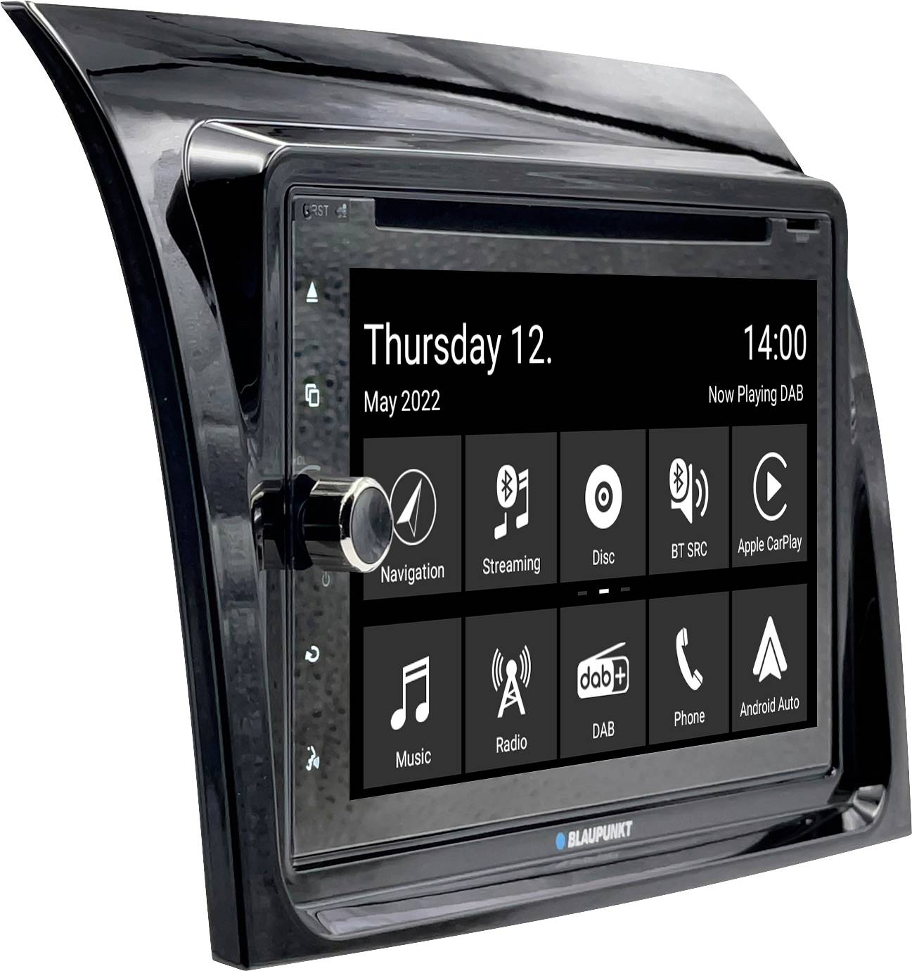 Car radio with touchscreen displaying date 'Thursday, 12 May 2022', time '14:00', and menus: Navigation, Streaming, Music, Radio.