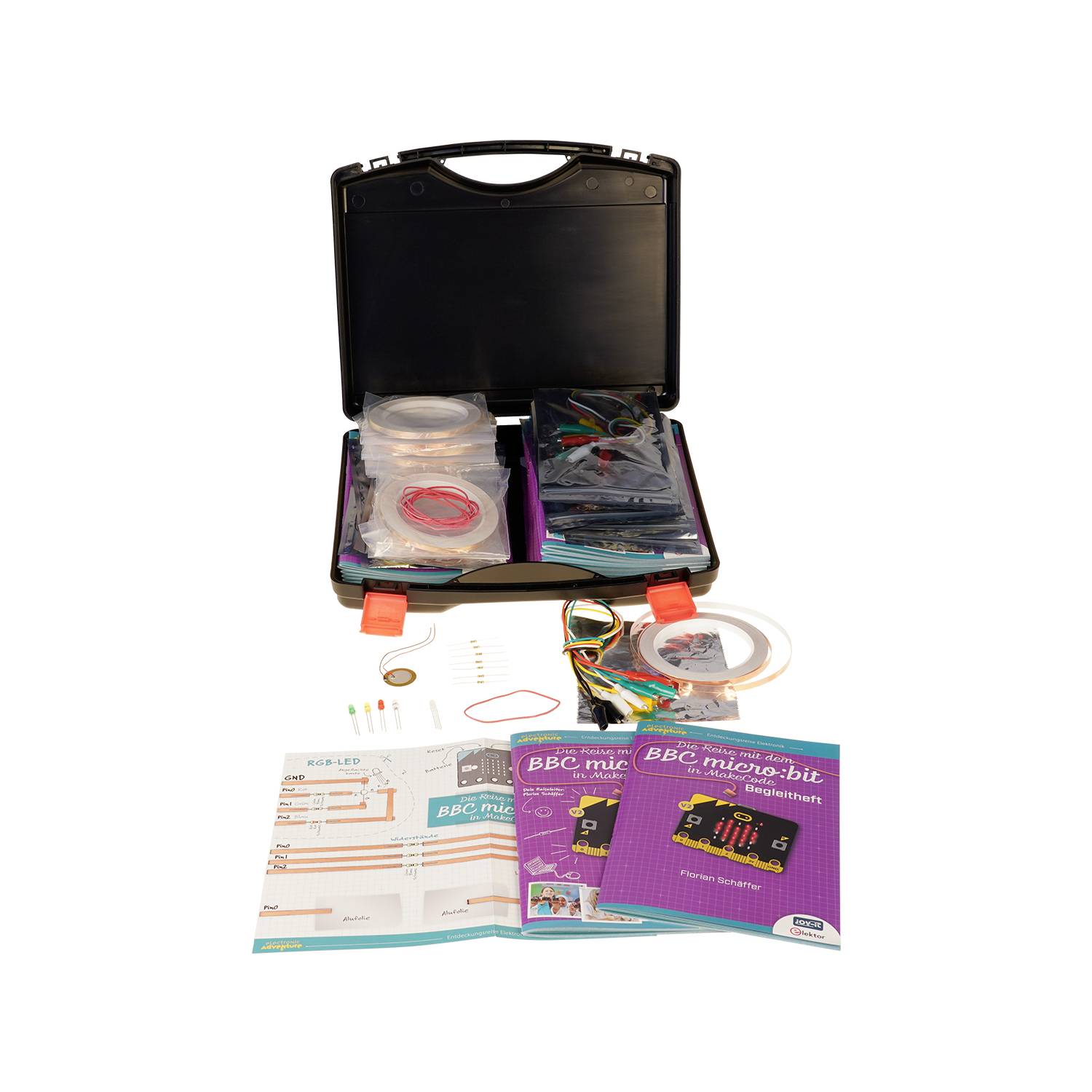 An open suitcase with electronic devices and accessories such as cables and instructions for BBC micro:bit projects, placed on a table.
