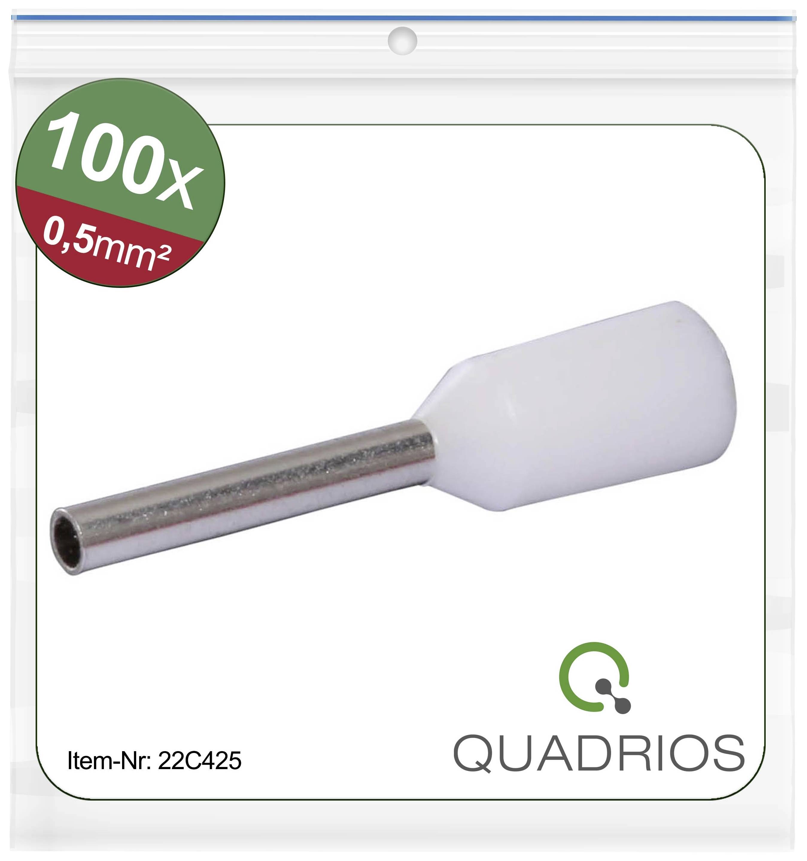'100x 0.5mm²' on green circle. Image of a white cable lug with metal tube. Packaging bears logo and article number '22C425'.