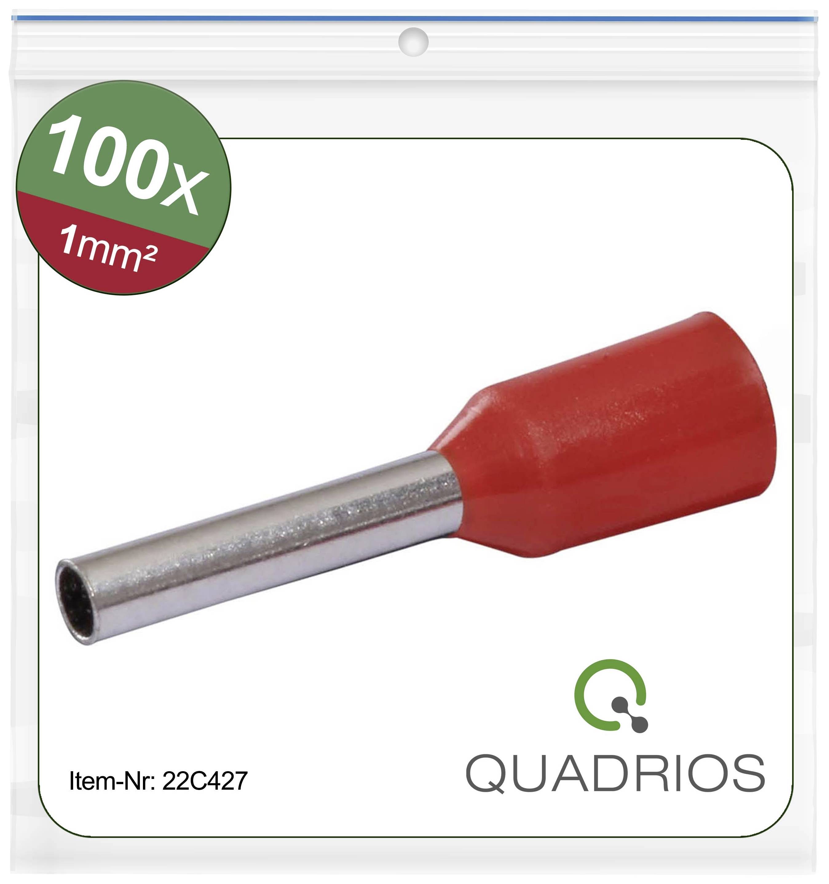 Bag of 100 red cable end ferrules, 1 mm² cross-section. Product number: 22C427. Brand: Quadrios.