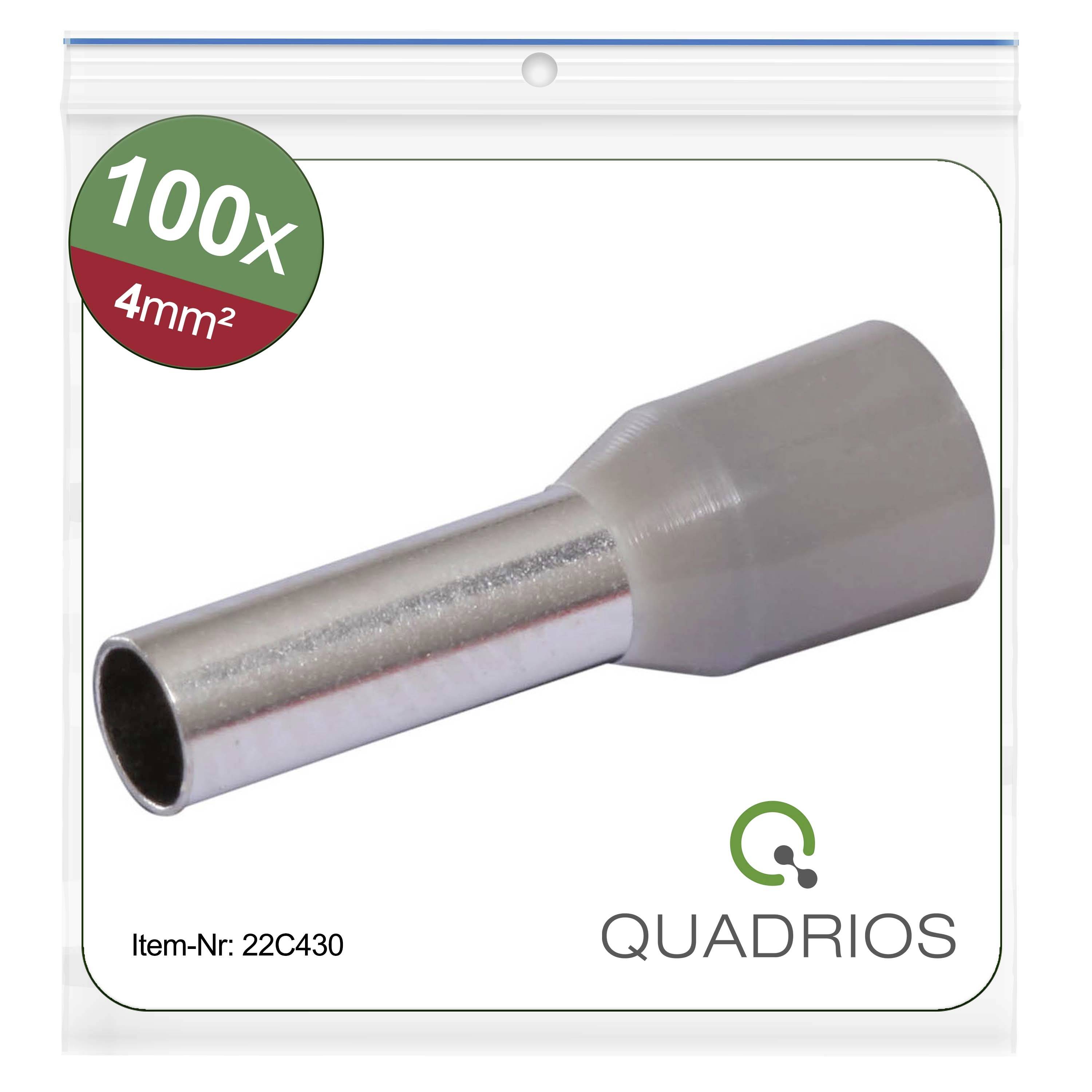 'QUADRIOS Wire Ferrules 4mm², Pack of 100. Item Number: 22C430.' Image shows a wire ferrule made of metal and plastic.