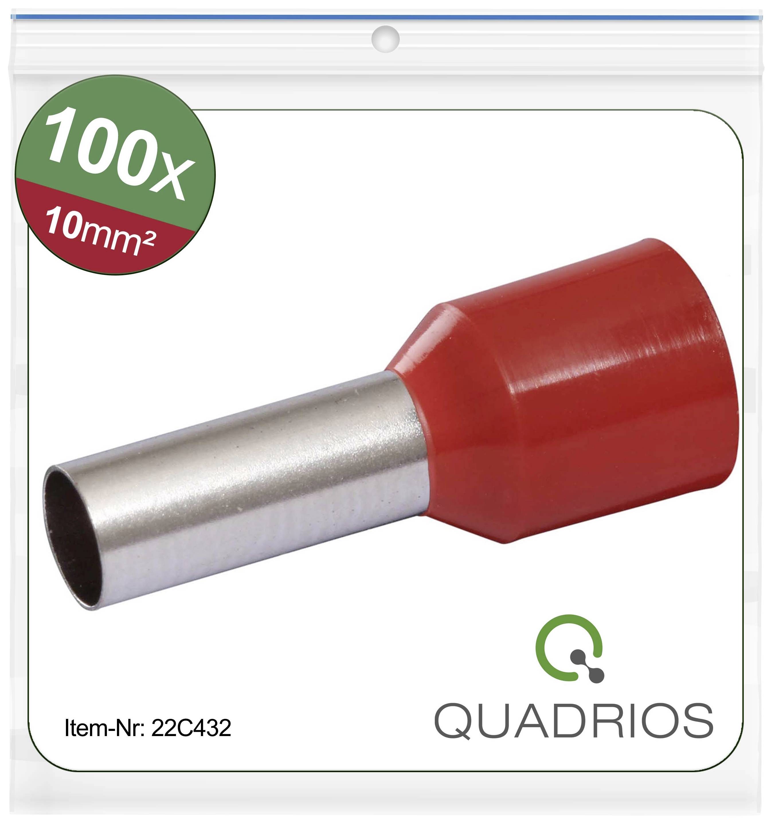 Square red cable end sleeves, pack of 100, 10 mm², Article number 22C432 by Quadrios.
