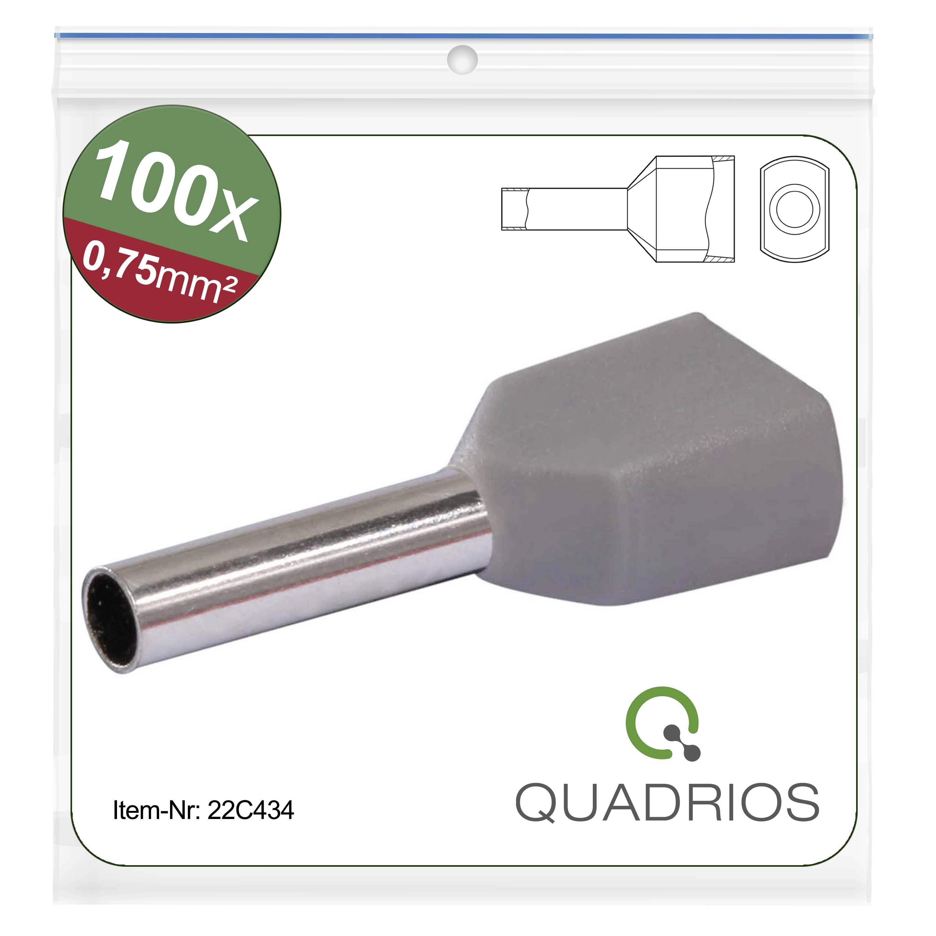 Pack of 100 grey cable end sleeves, 0.75mm², by Quadrios. Product image shows a sleeve and technical sketches.