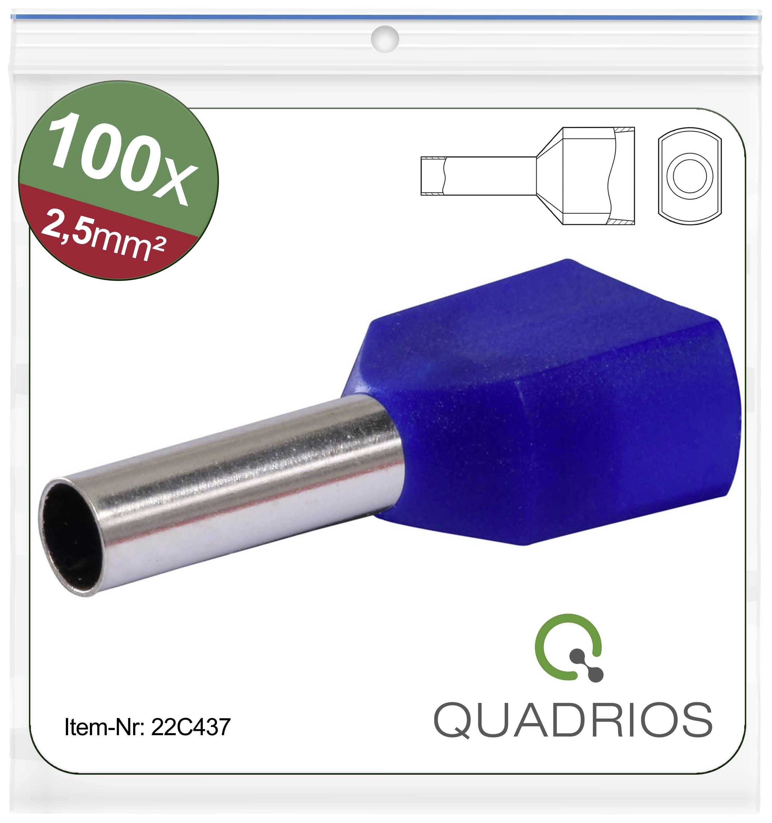Blue wire end ferrules with metal insert, 2.5 mm², pack of 100 pieces. Diagram shows product cross-section. Brand logo and article number visible.