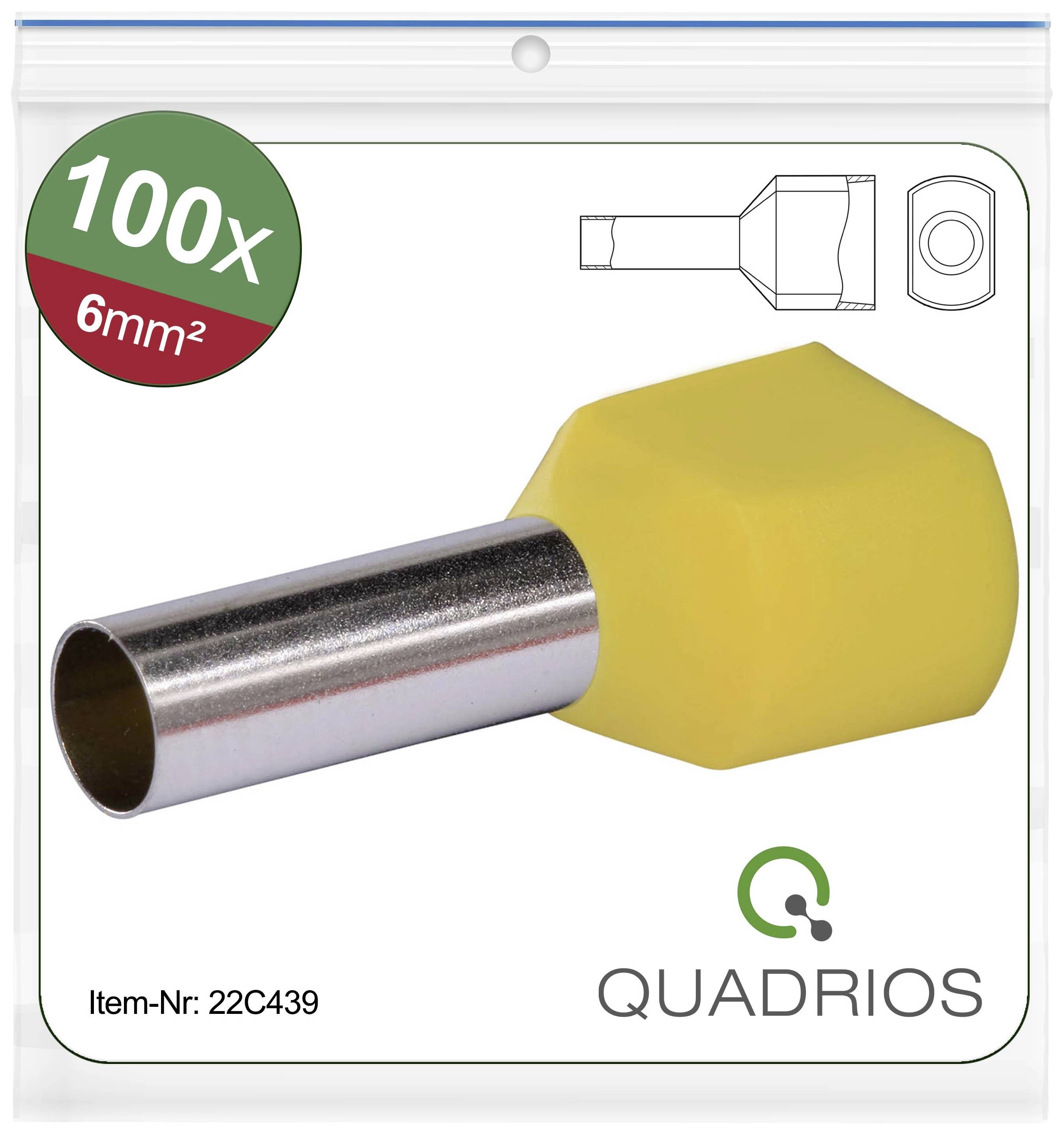 '100x Cable Ferrules 6mm²' pictured on packaging with yellow plastic collar. Manufacturer name 'Quadrios' and article number 22C439.