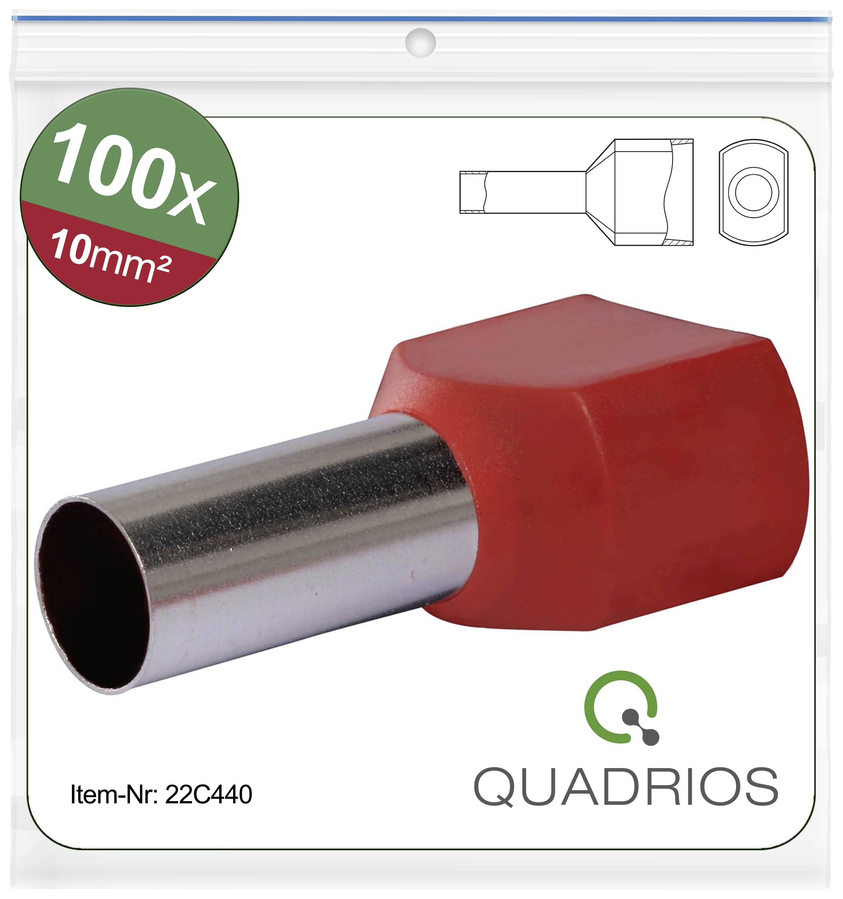Red Cable End Sleeve Set, 100 pieces, 10mm²; Product illustration. 'Quadrios' brand logo and Article No. 22C440 visible.
