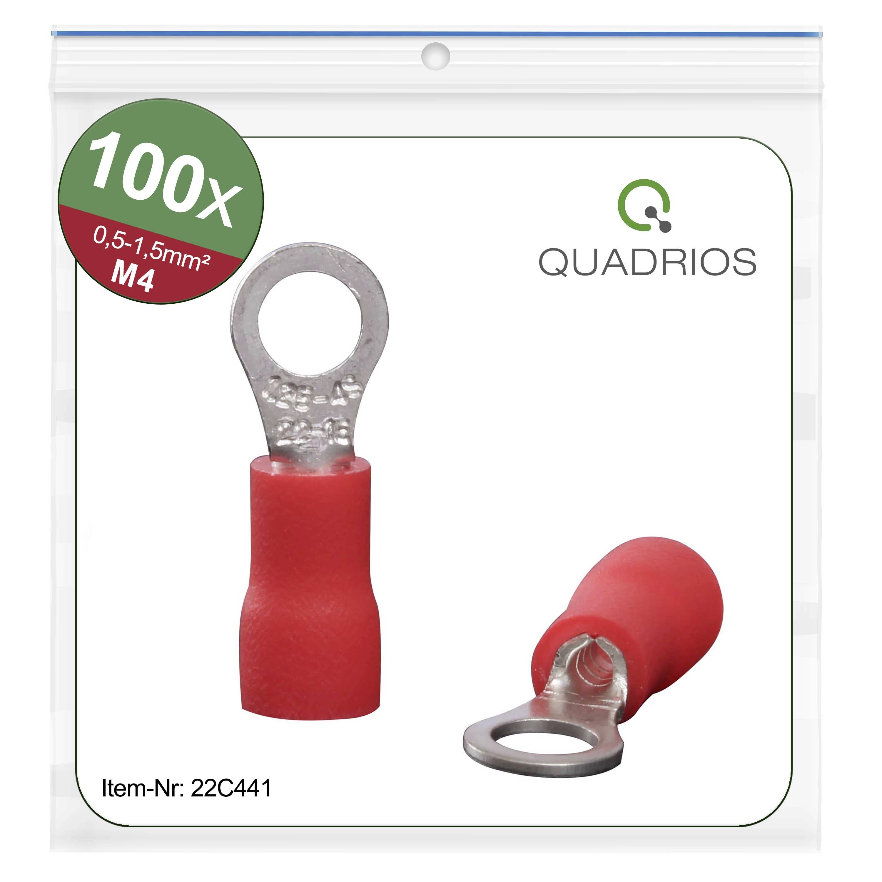 'QUADRIOS 100x Cable Lugs, Red, for 0.5-1.5mm², M4. Article Number: 22C441' shown in a transparent plastic packaging.