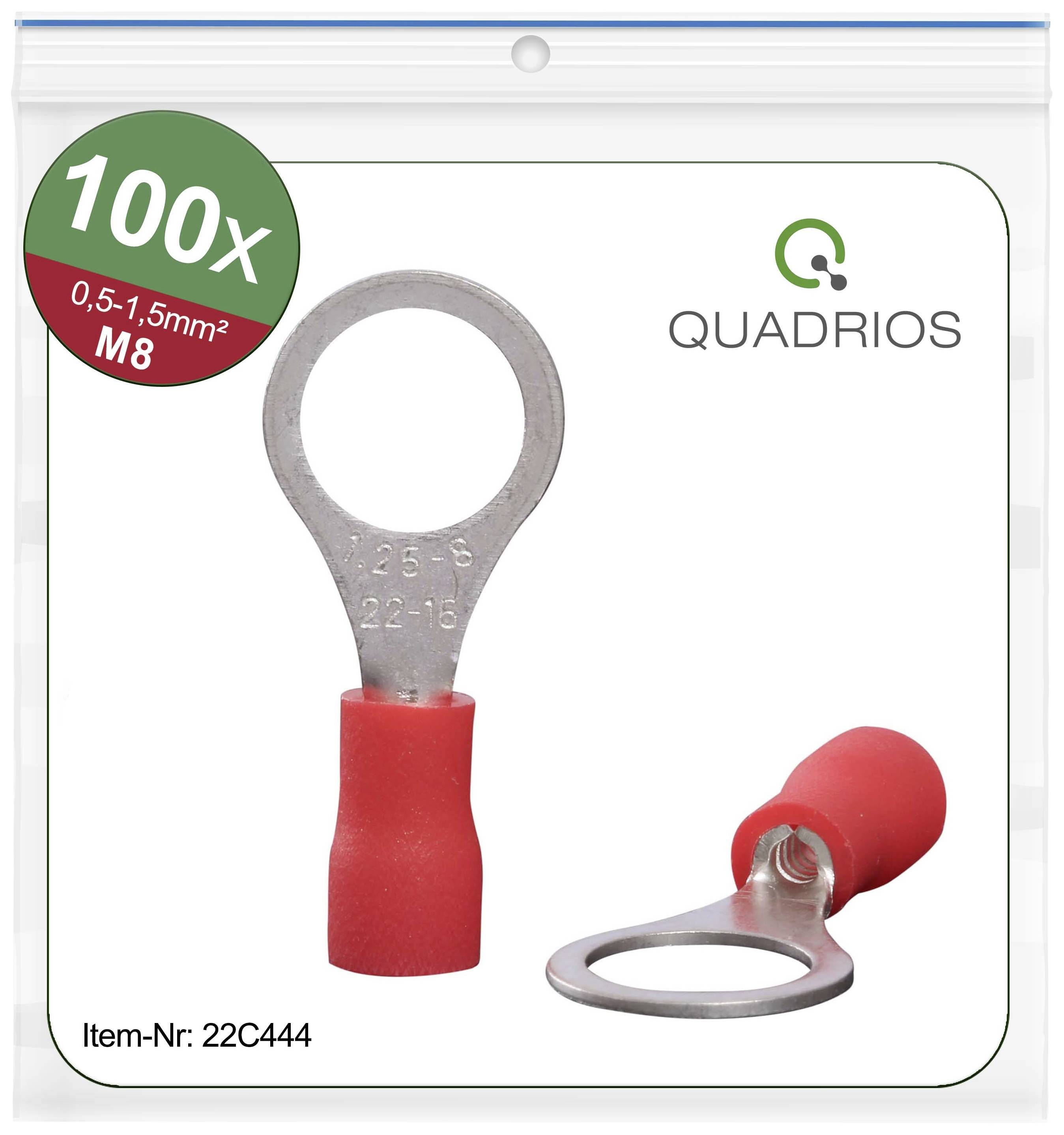 Figure shows red cable lugs by QUADRIOS, pack of 100, for 0.5-1.5mm², M8. Product number: 22C444.