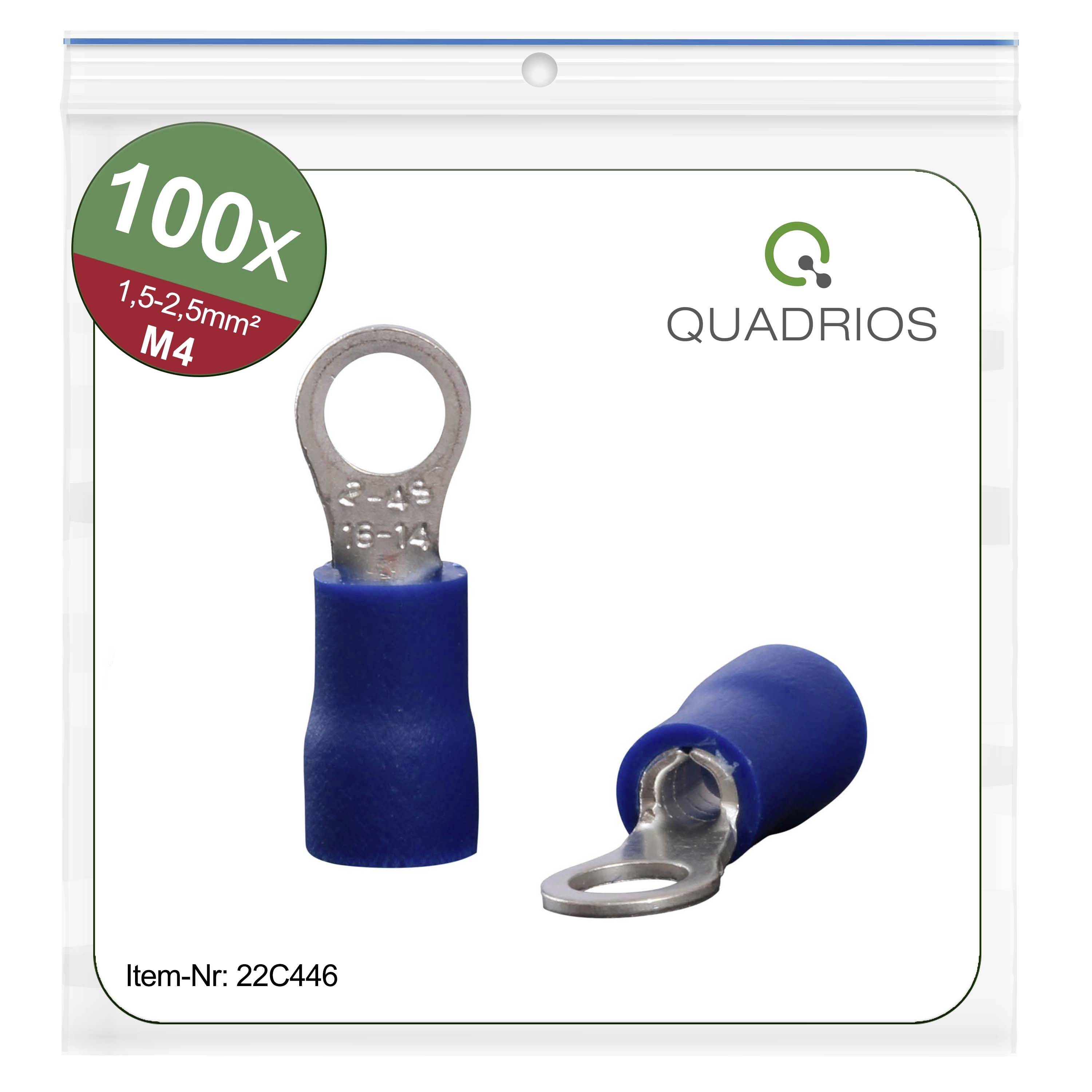Square packaging containing 100 blue cable shoes, size M4, for cable sizes 1.5-2.5 mm². Article number: 22C446.