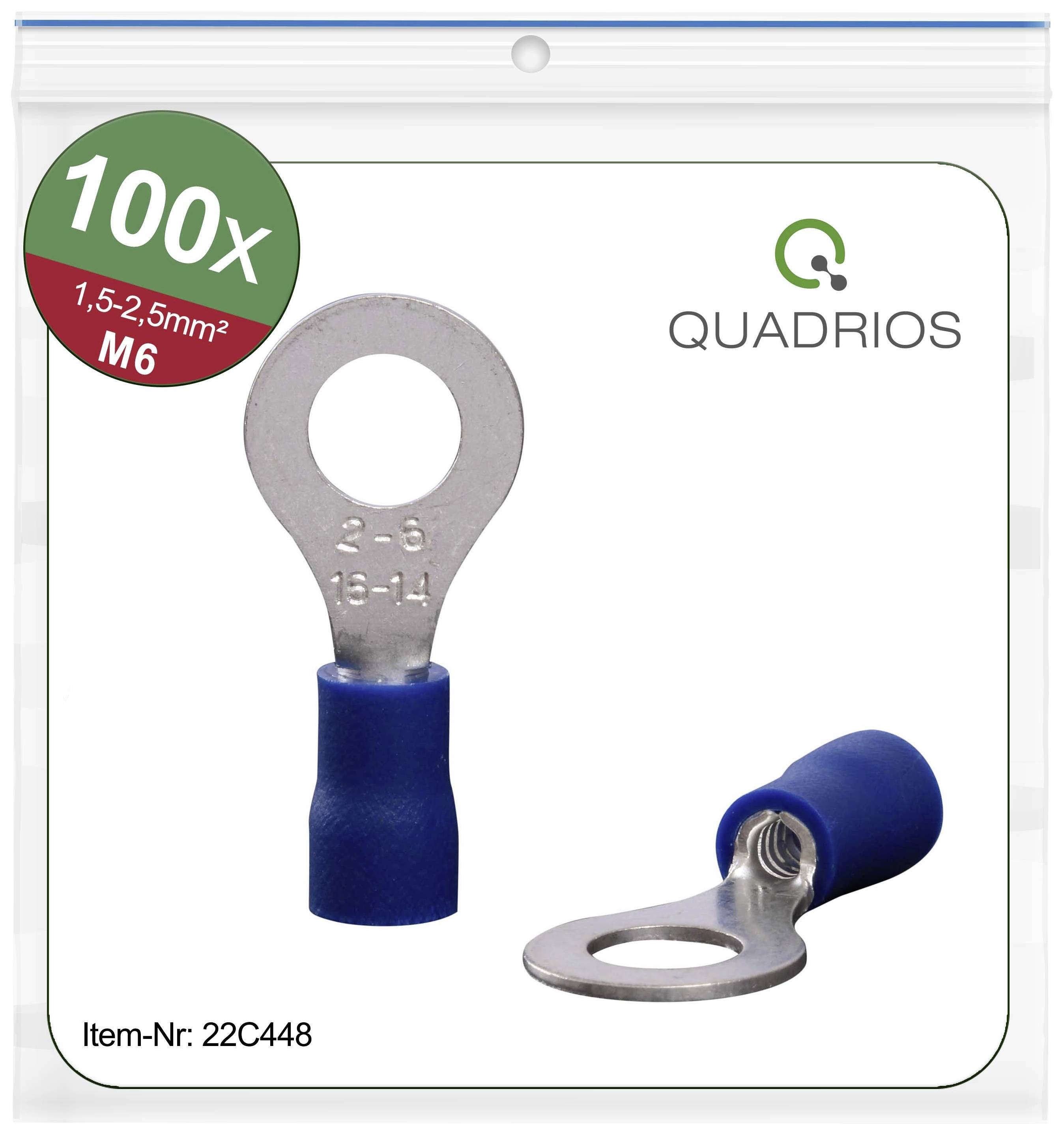 Packaging containing two blue cable shoes with a round connection. Marking: '100x 1.5-2.5mm² M6'. Brand: Quadrios. Article number: 22C448.