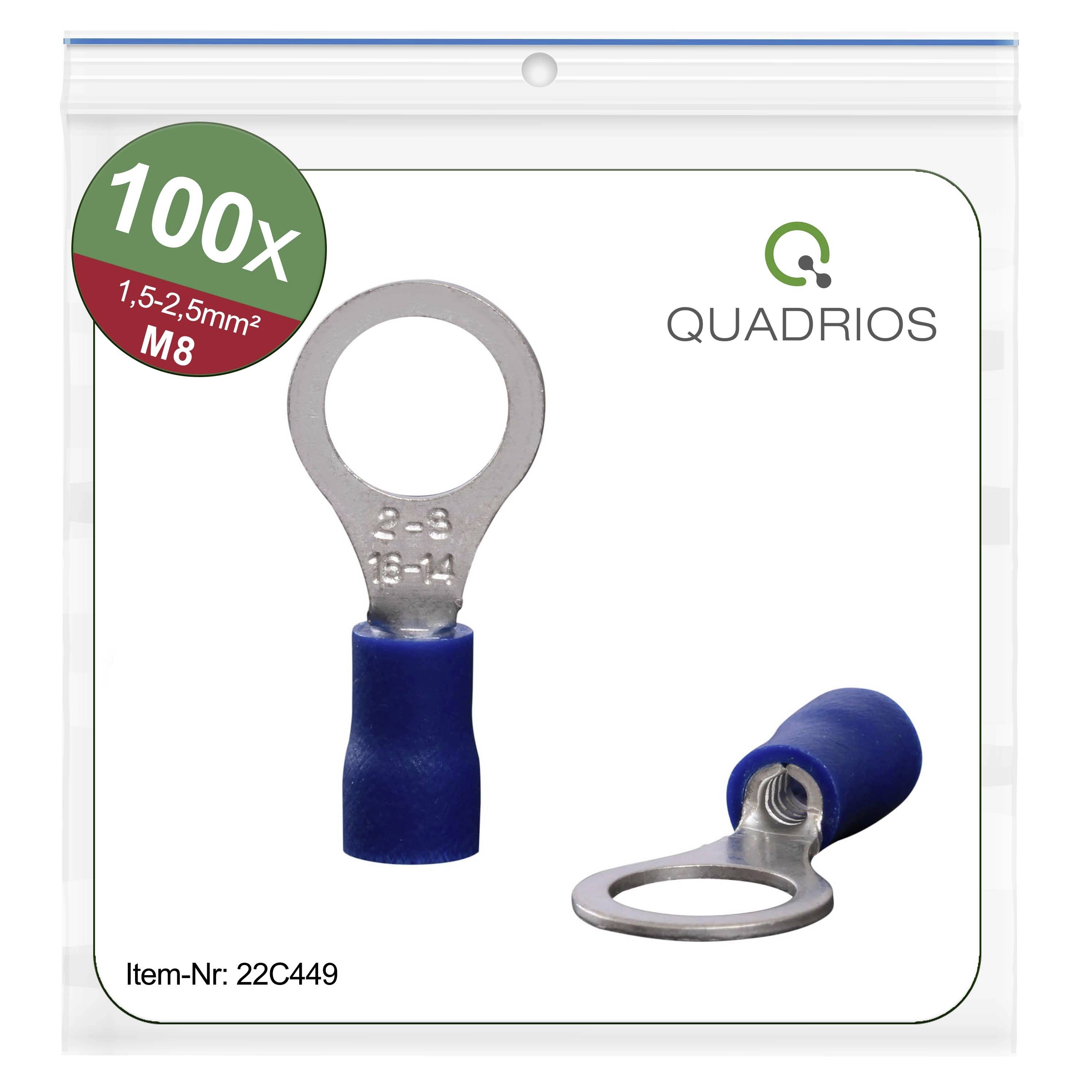 Package of 100 blue ring cable lugs by Quadrios, suitable for cable cross-section 1.5-2.5 mm², M8, item number 22C449.