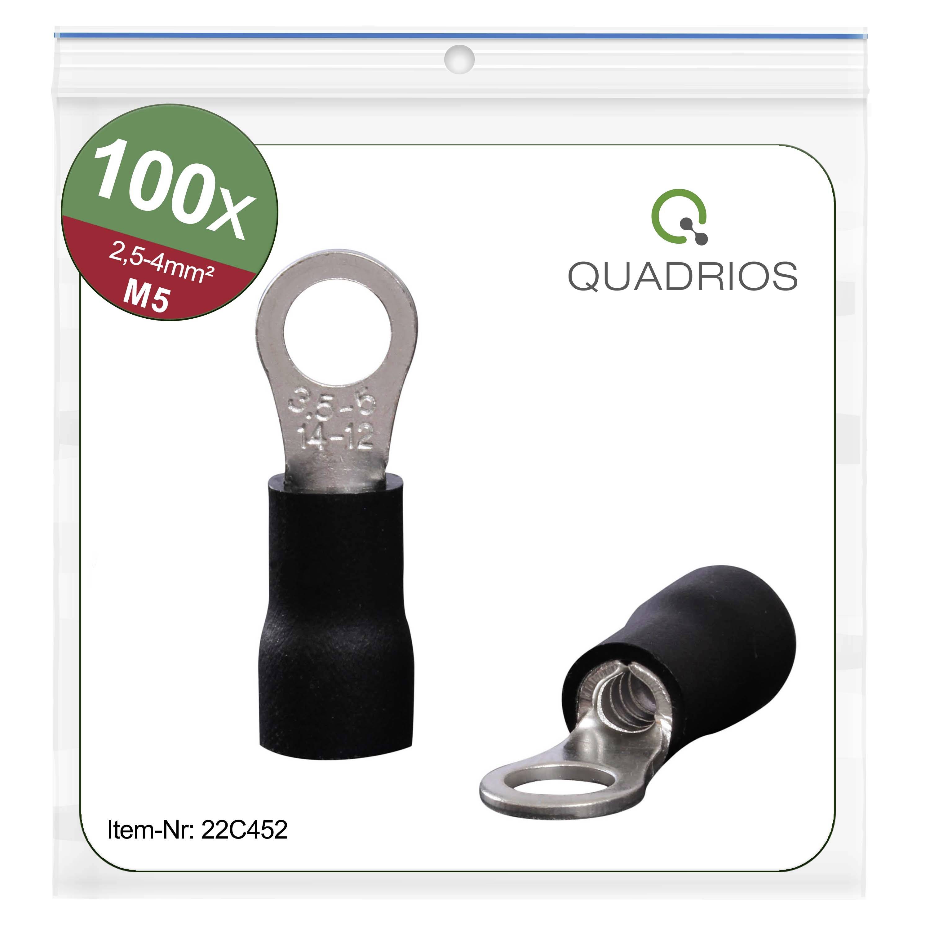 'Quadrios 100x Crimp Cable Lugs, 2.5-4mm², M5'. Pictured are two crimp cable lugs in a transparent packaging.