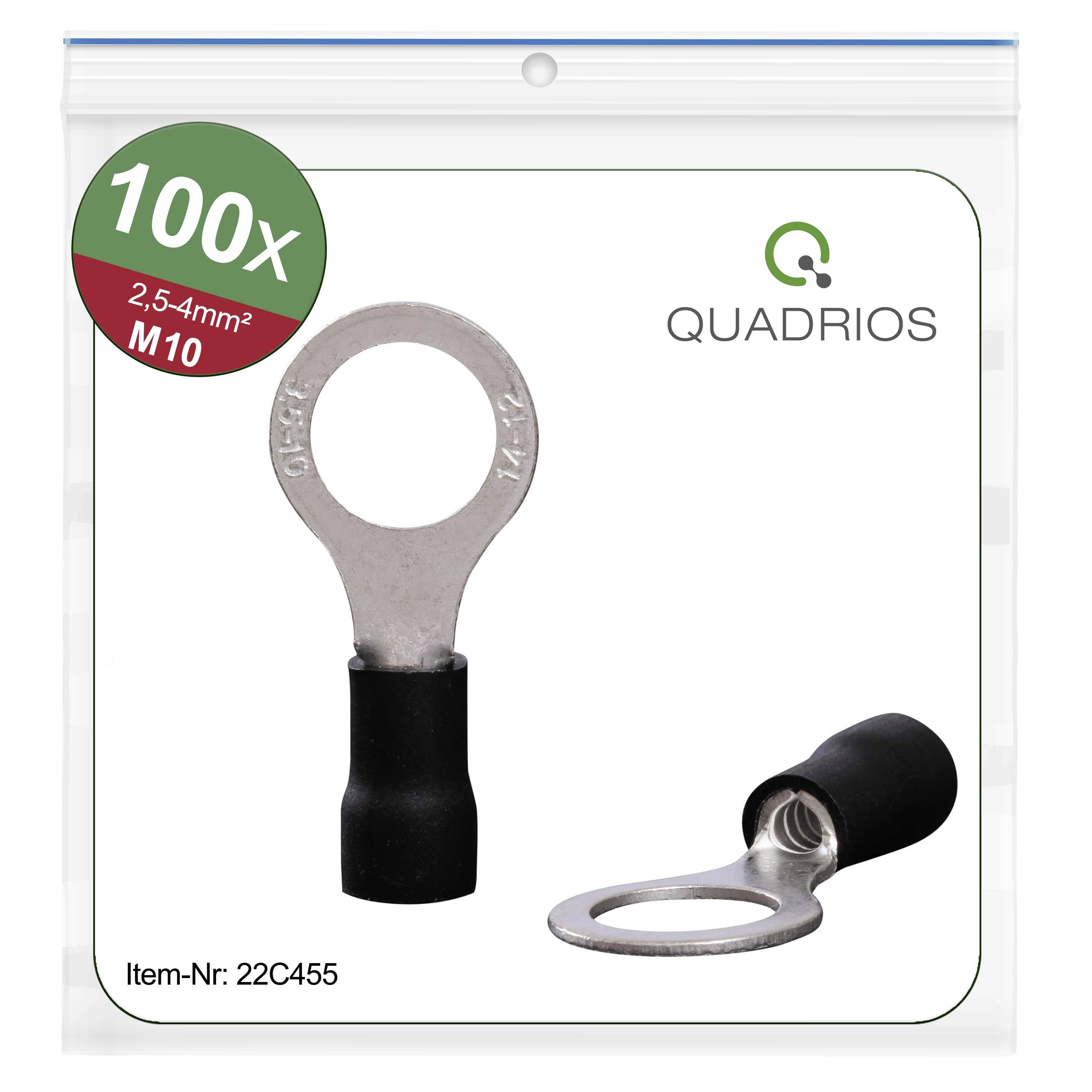 Pack of 100 cable lugs by Quadrios, 2.5-4mm² M10, made of metal with black insulation, item number 22C455.