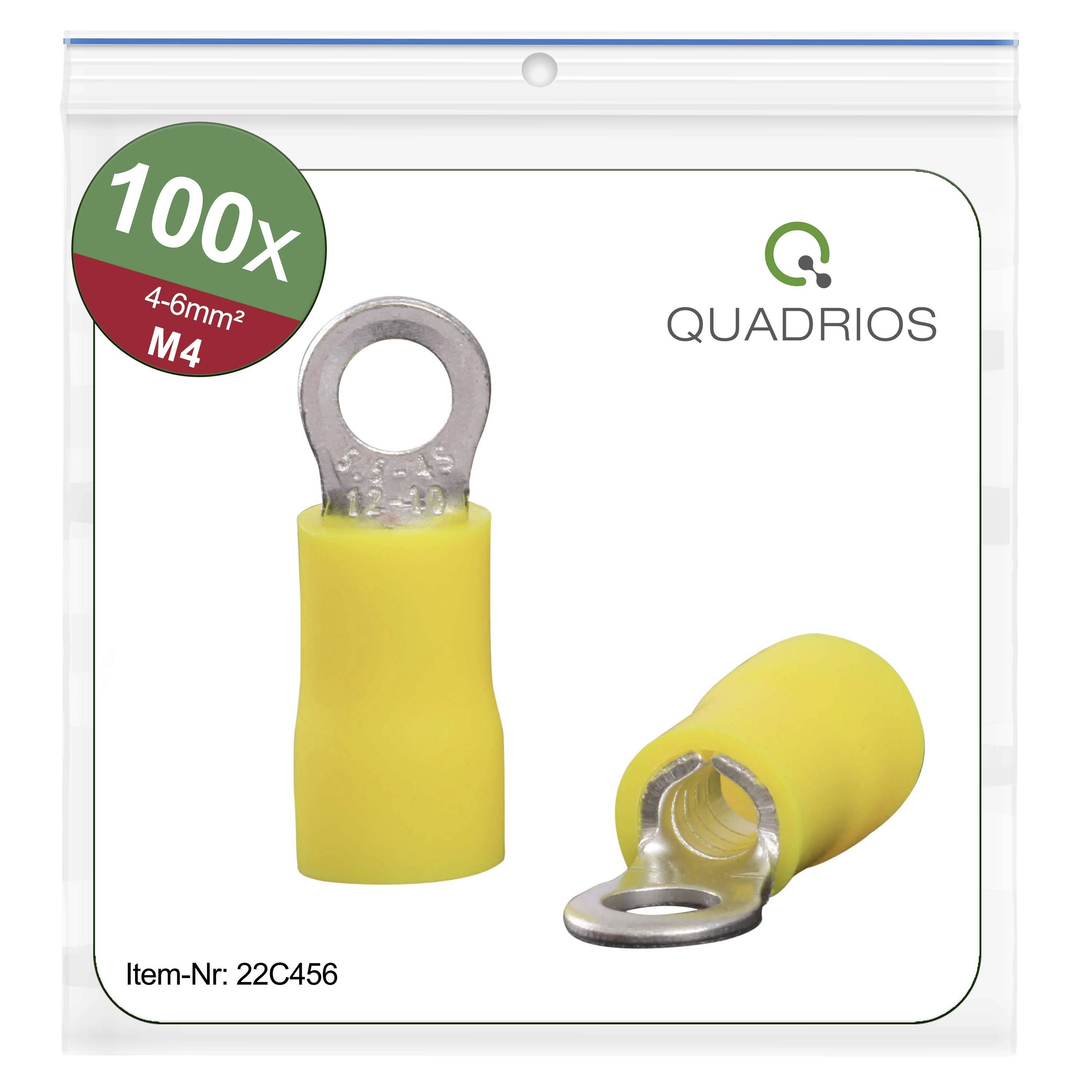 Package of 100 yellow cable shoes by Quadrio, suitable for M4 screws, for 4-6 mm² cable cross-section. Article number 22C456.