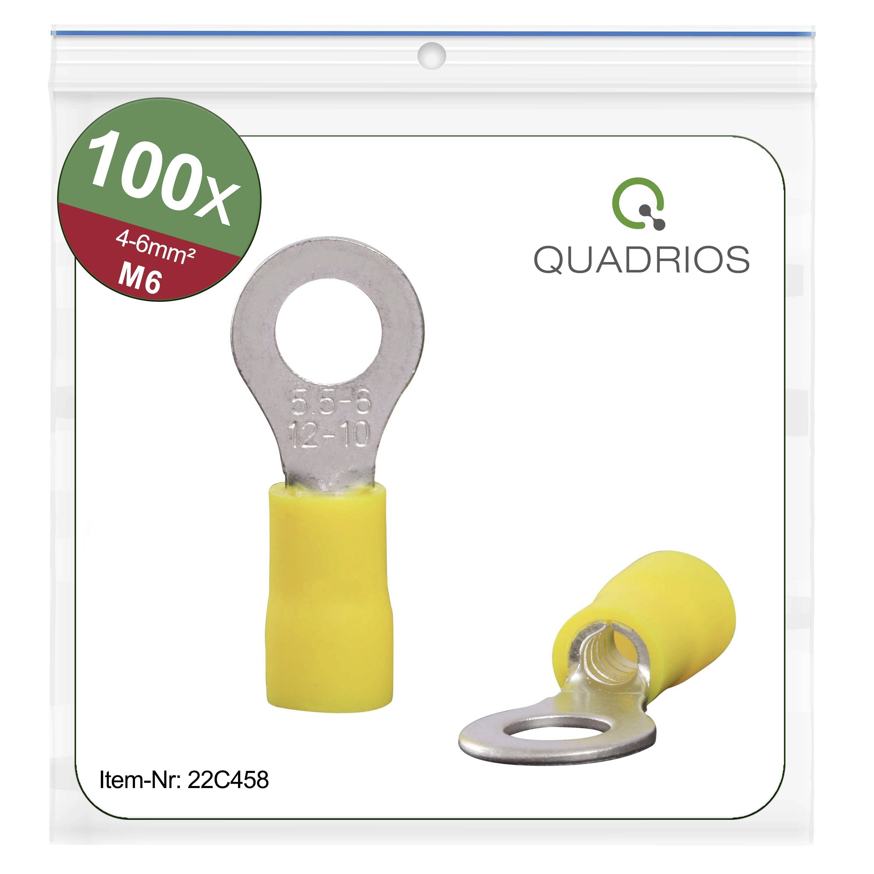 100x QUADRIOS Cable Lugs, Yellow, 4-6mm², M6, Article No: 22C458. An illustration shows two cable lugs with a round connection.