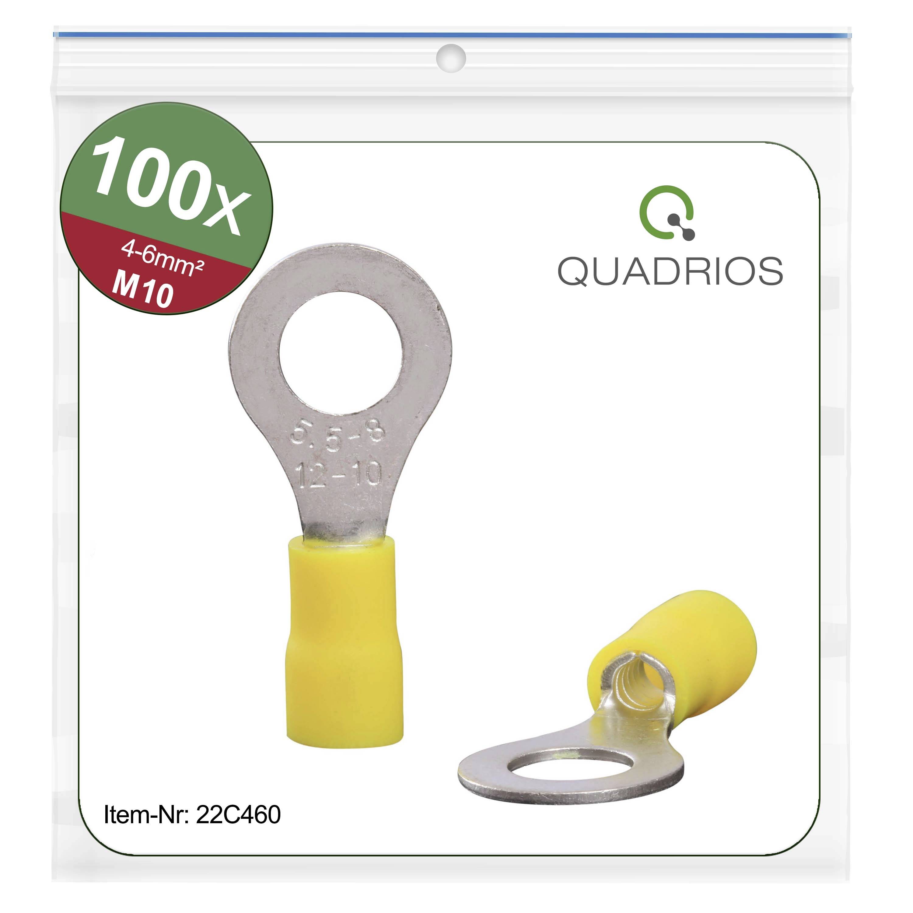 '100 Cable Lugs, 4-6mm², M10, Yellow, Article Number 22C460, Quadrios Brand' depicted with front and side view of a cable lug.