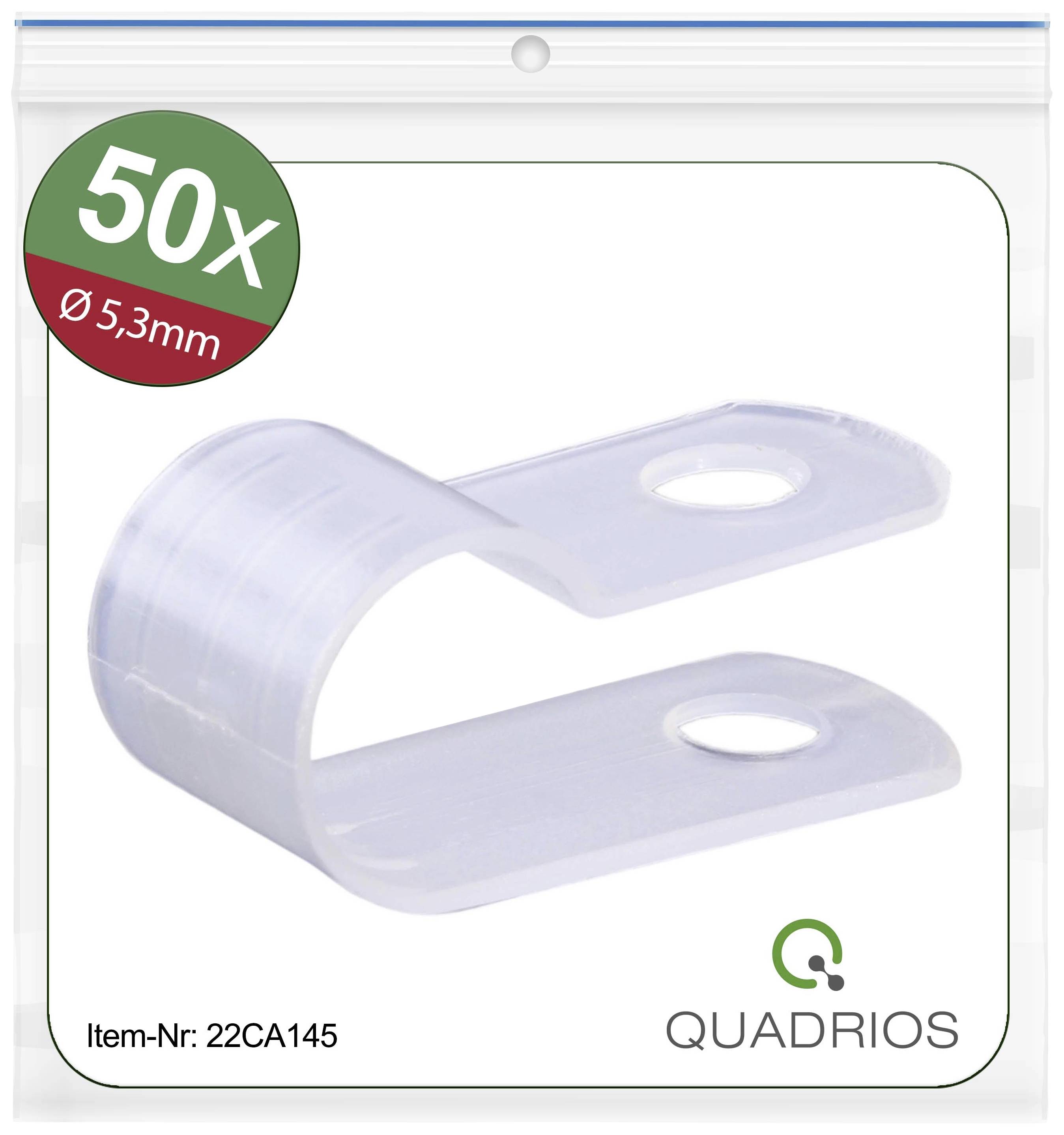 Transparent plastic cable clip, pack of 50 pieces, diameter 5.3 mm. Article number: 22CA145, Brand: Quadrios.