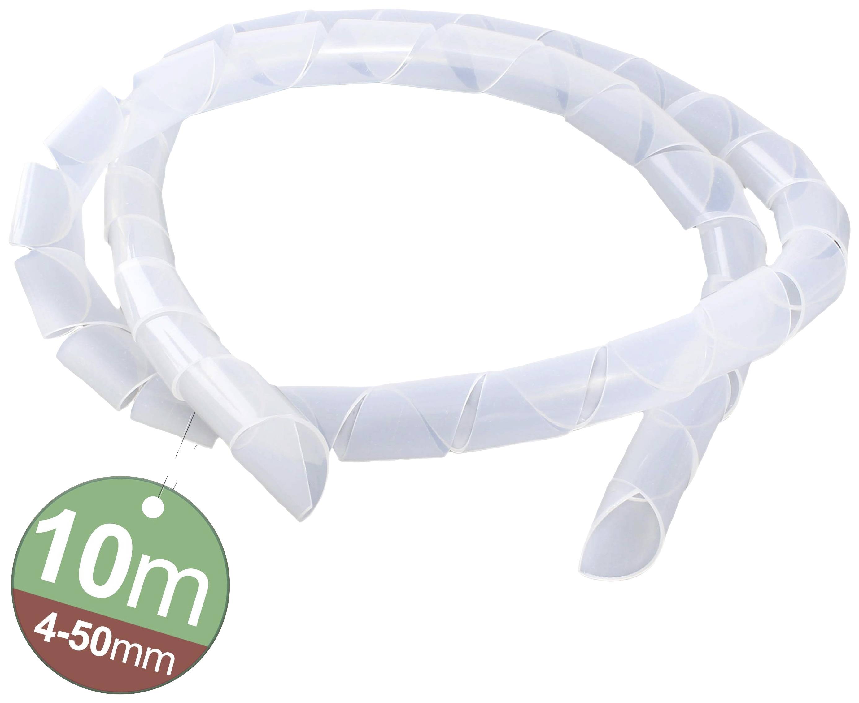 Transparent cable conduit, spiral-wound. Suitable for cables with diameters of 4-50 mm. Length: 10 m.