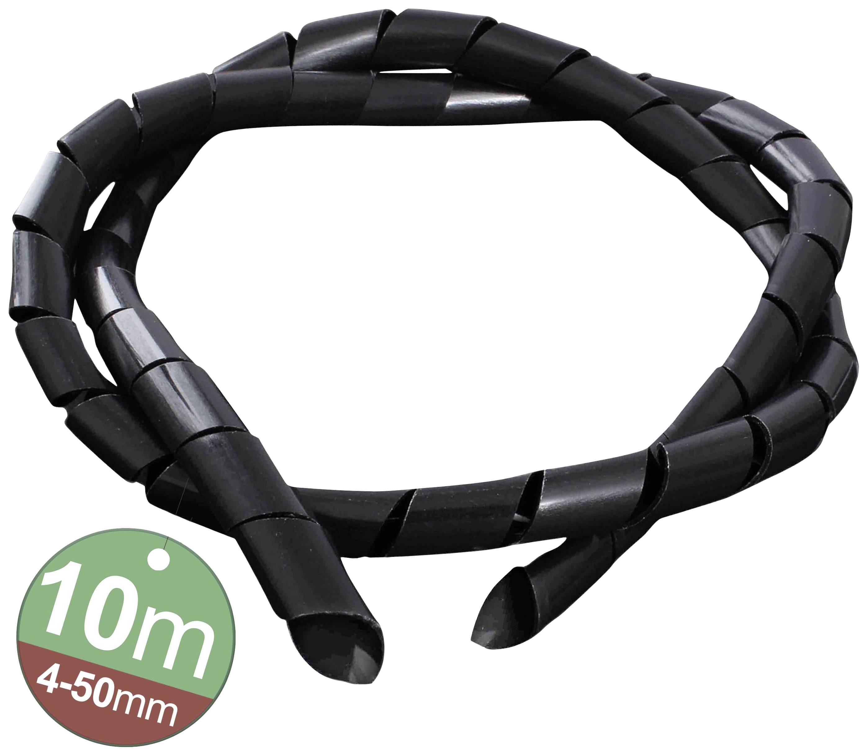 Black cable sleeve, flexible and coiled, length 10m, diameter 4-50mm. Suitable for cable organisation and protection.
