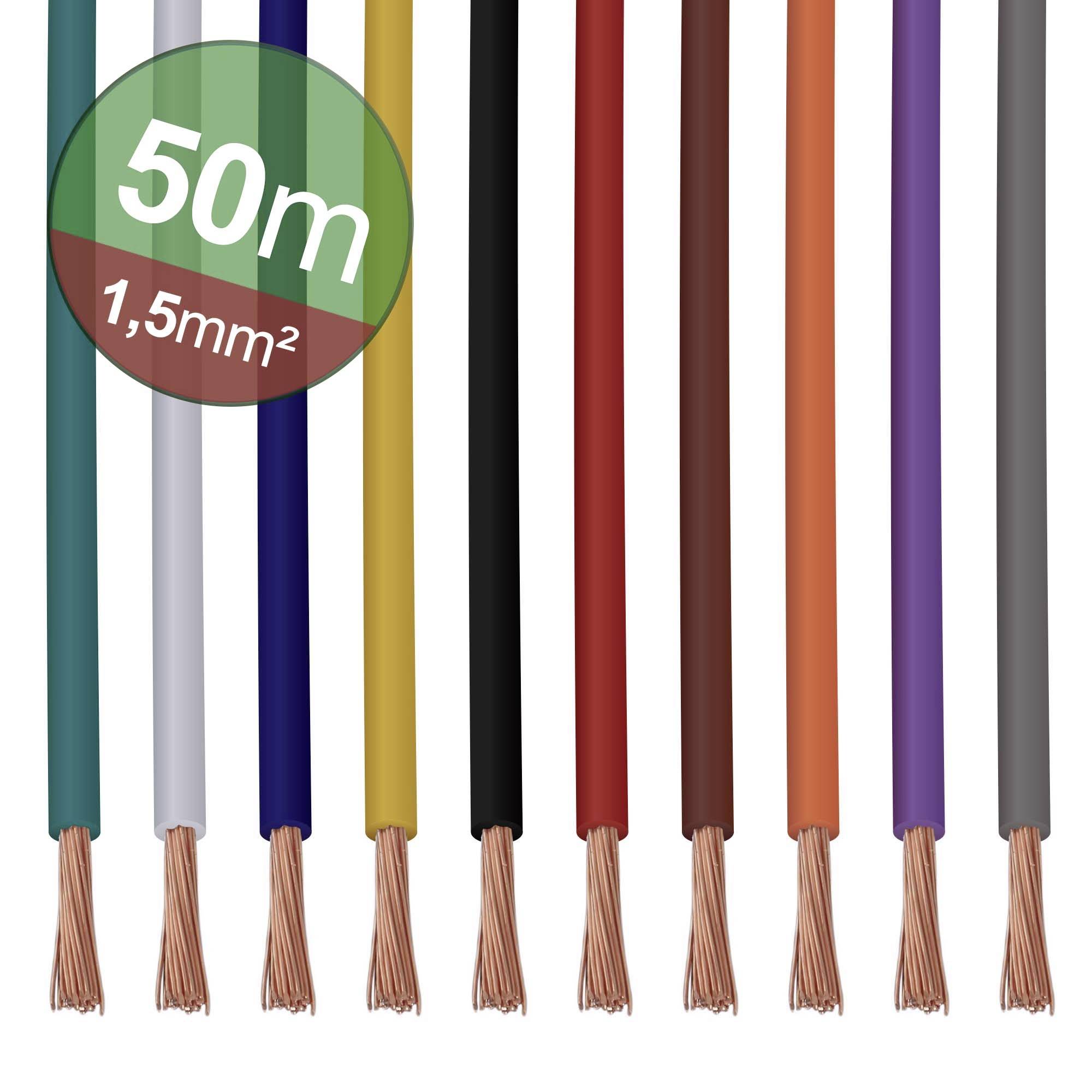 Eight colourful, insulated cables, some with exposed copper wires, in a row. Text: 50m, 1.5mm².