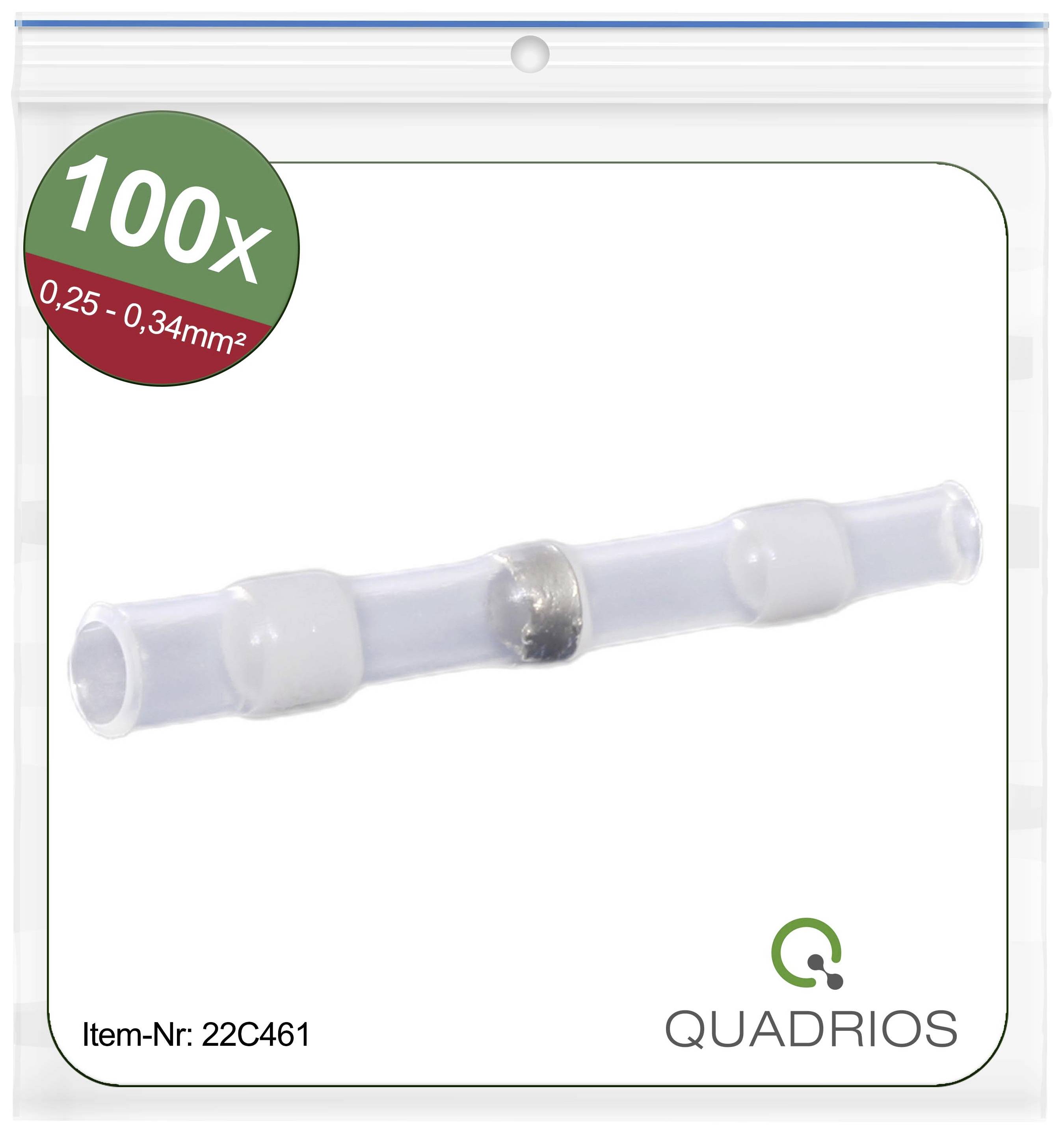 A transparent, cylindrical connecting piece is shown in packaging. Top left reads '100x 0.25 - 0.34mm²'. Brand 'QUADRIOS'.
