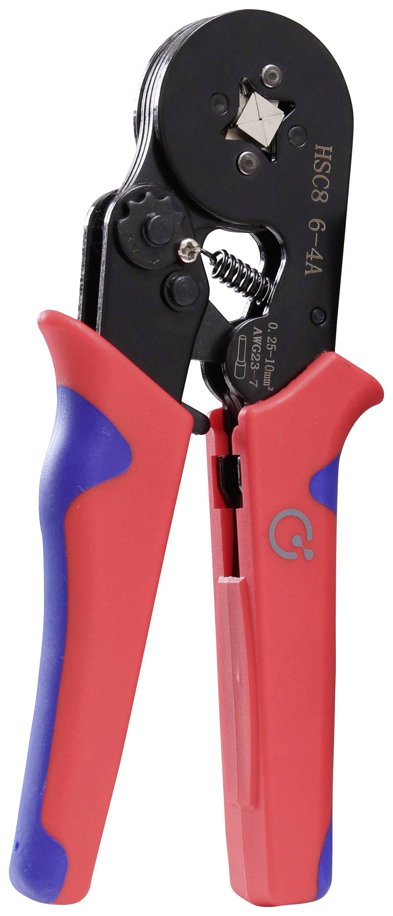 Wire crimping pliers with red and blue handles, used for connecting wires by compressing contact components.