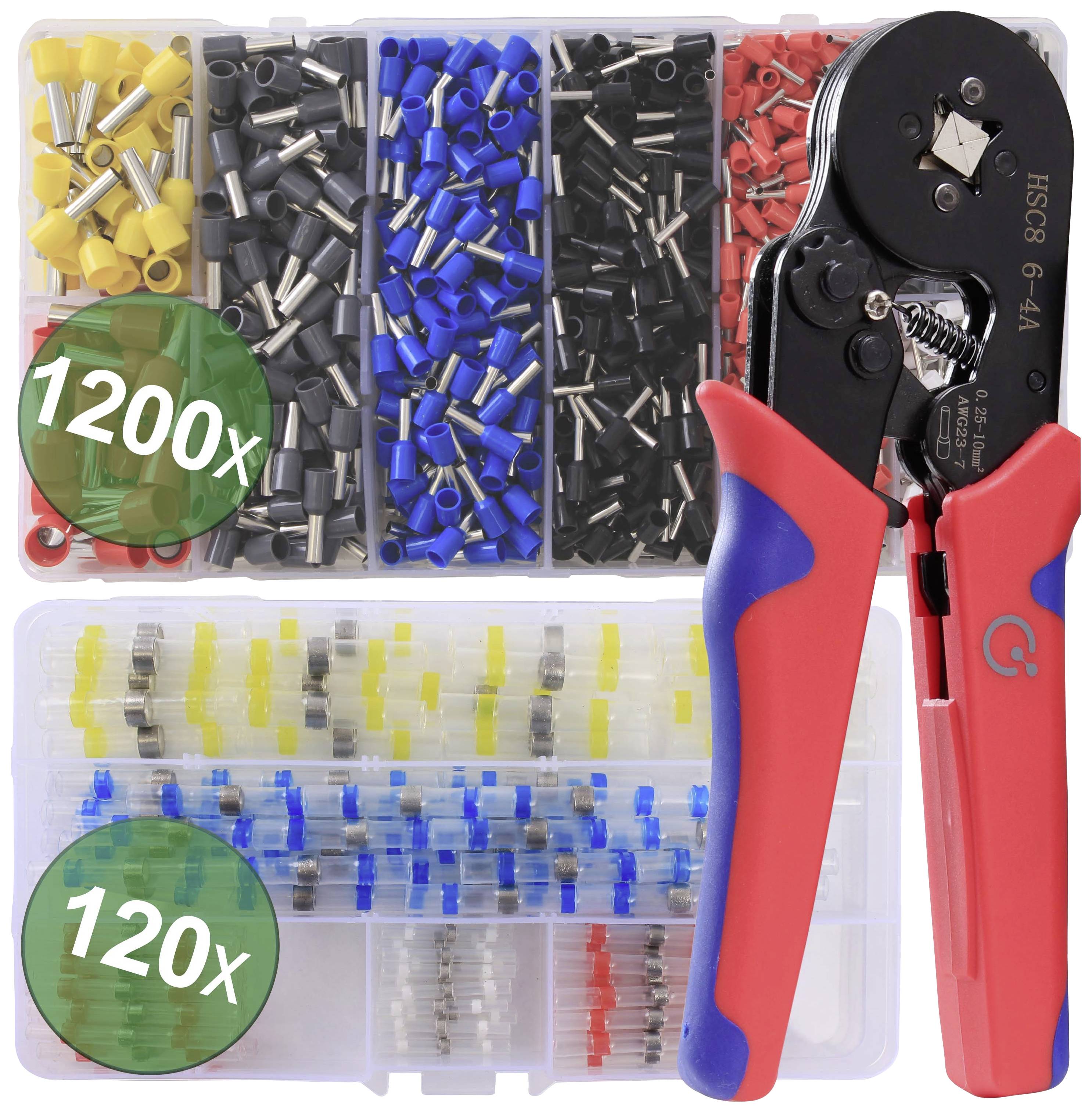 Tool set with crimping pliers and coloured connectors in a storage box. Contains 1200 small and 120 large parts.