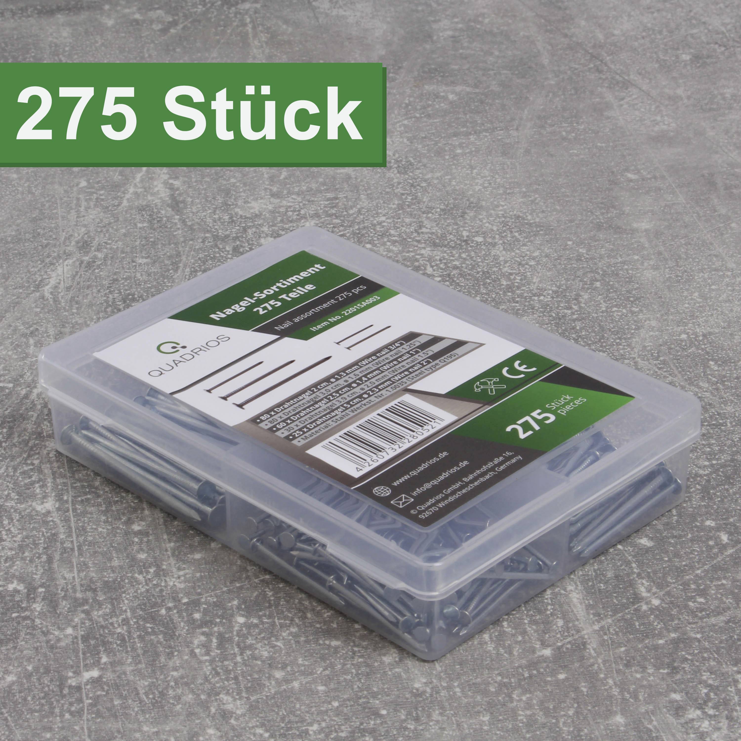 '275 Piece' screw set in a grey plastic box on a grey background. Box label displays product information and barcodes.