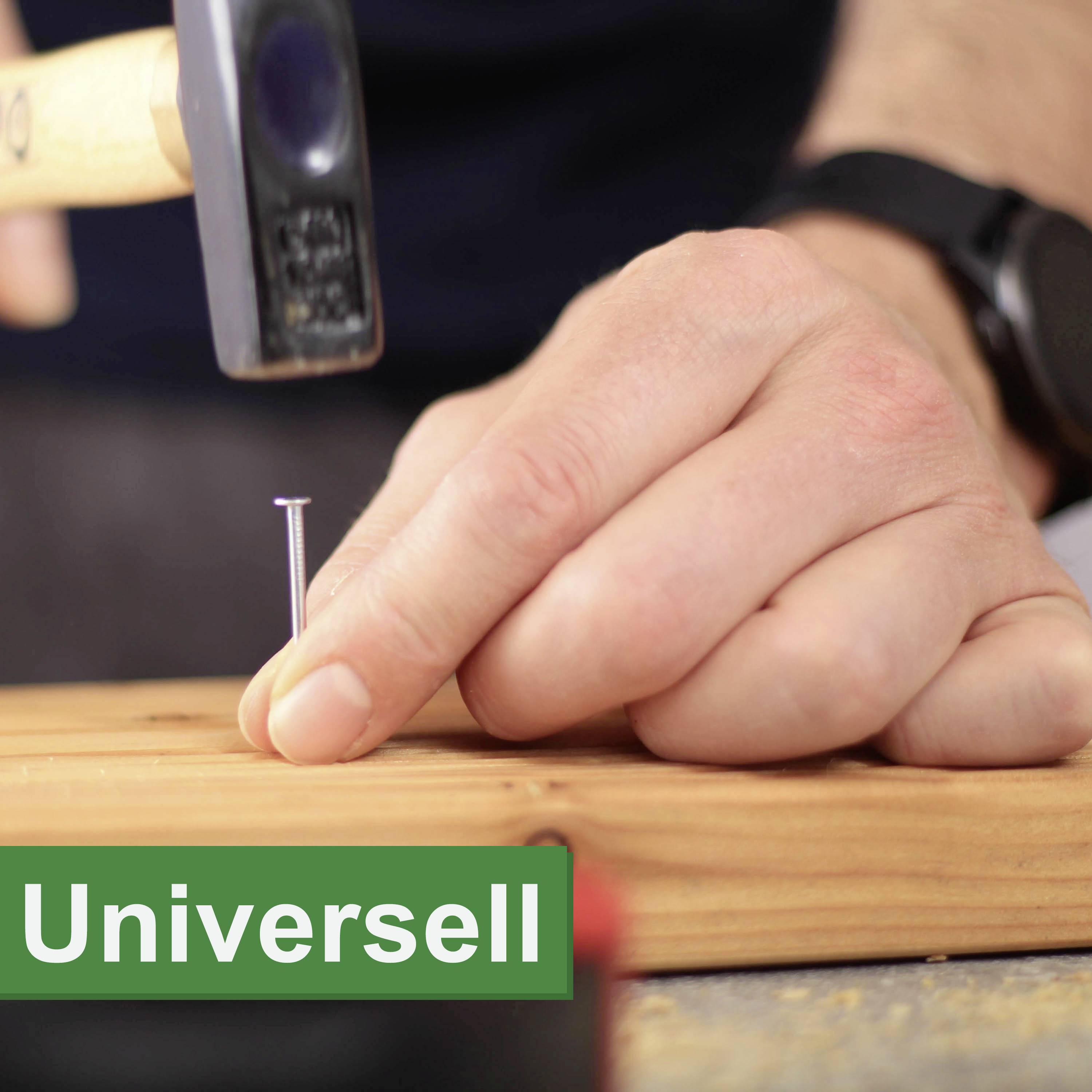 A person is holding a nail on a wooden board, with a hammer nearby. 'Universal' is written in the foreground on a green background.