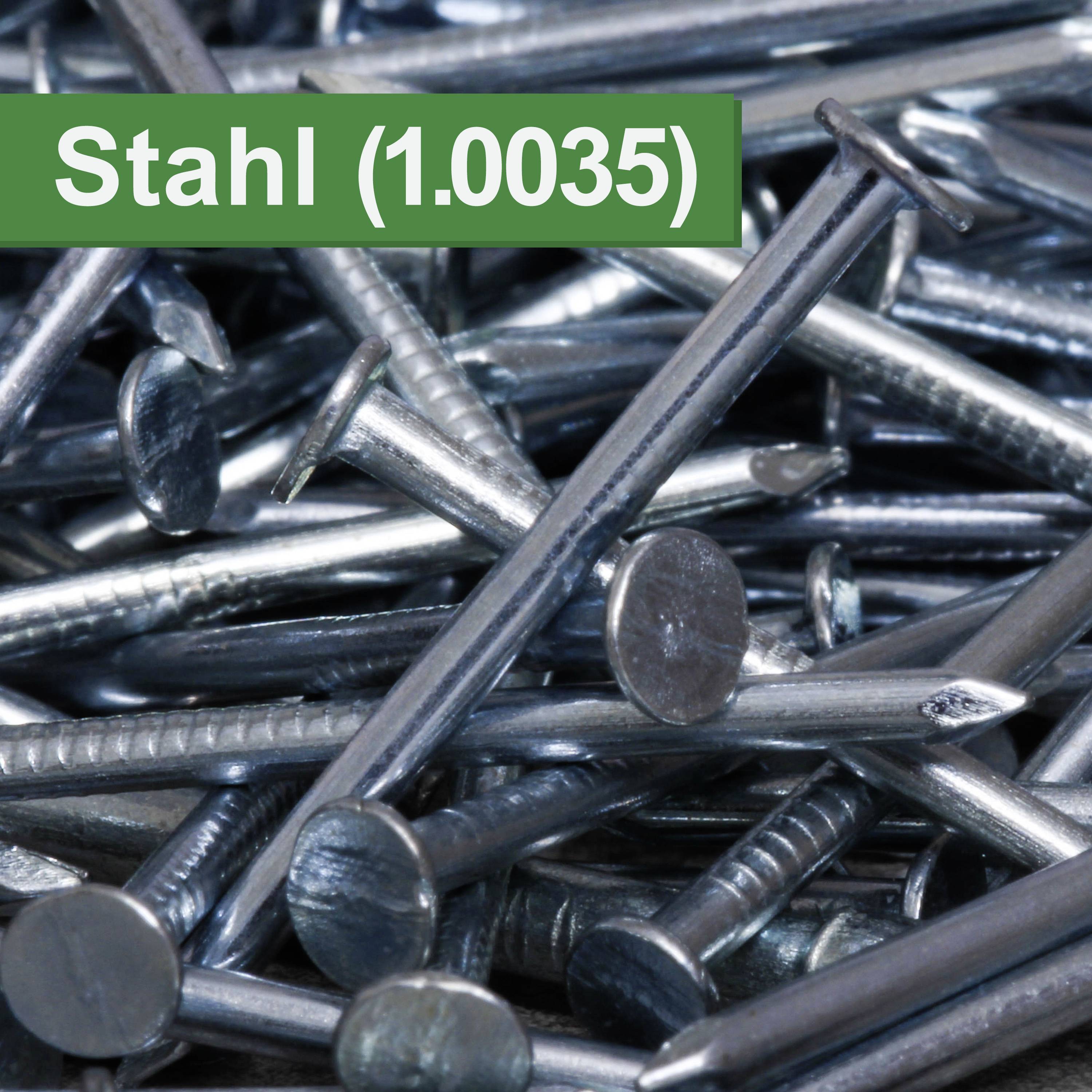 'Steel (1.0035)' is written on a green sign above a pile of shiny steel nails.