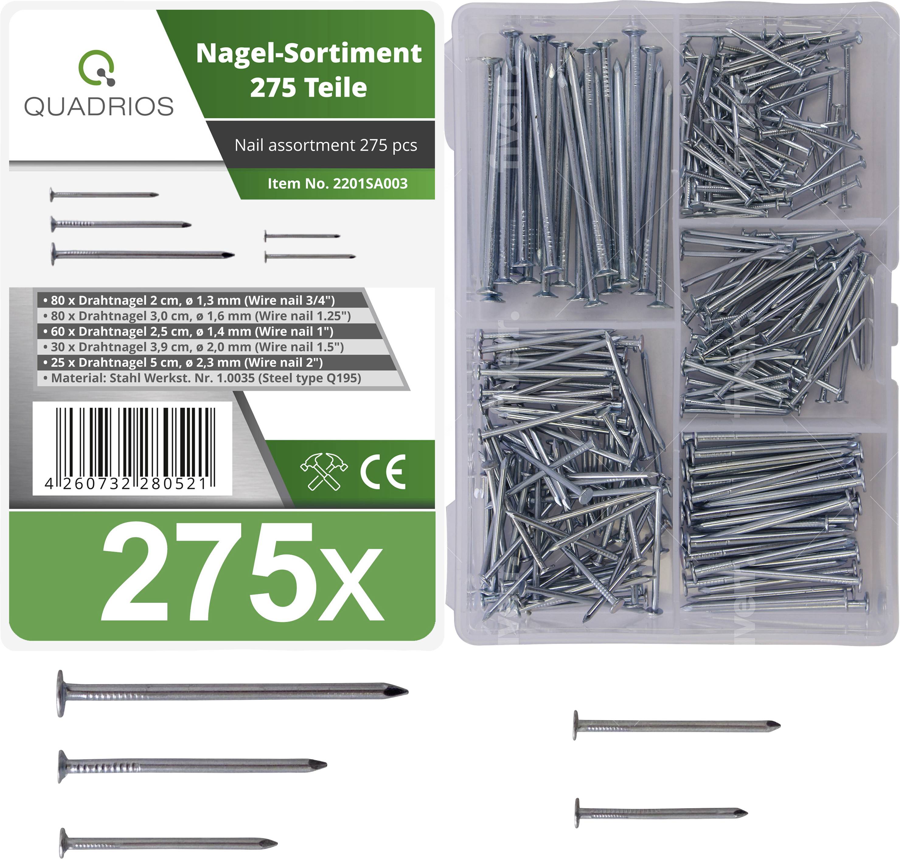 'Nail Assortment 275 Pieces' showing various nail sizes and types in a plastic box.