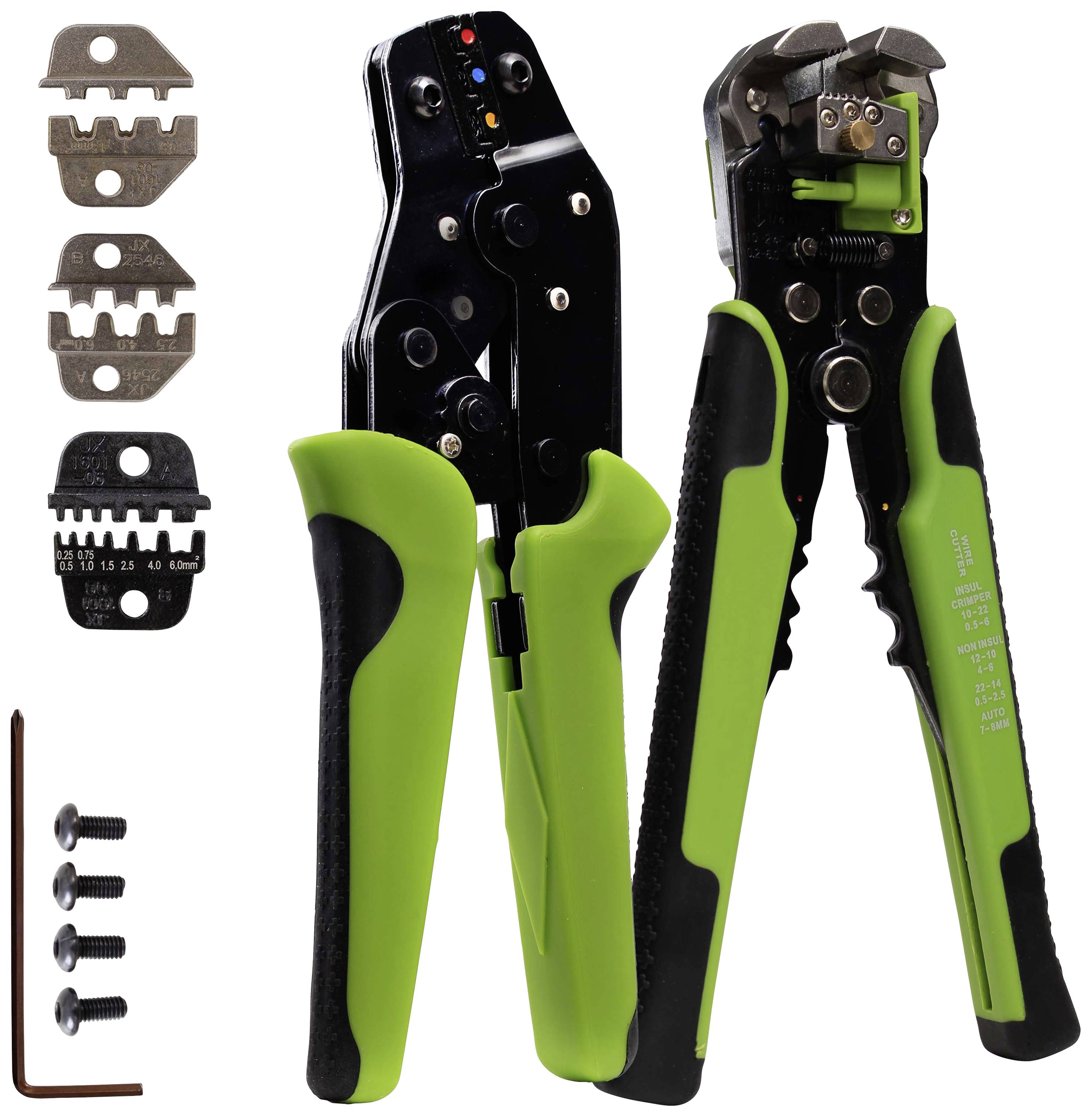 Two green hand tools for stripping and crimping cables, shown with interchangeable jaws and screws.