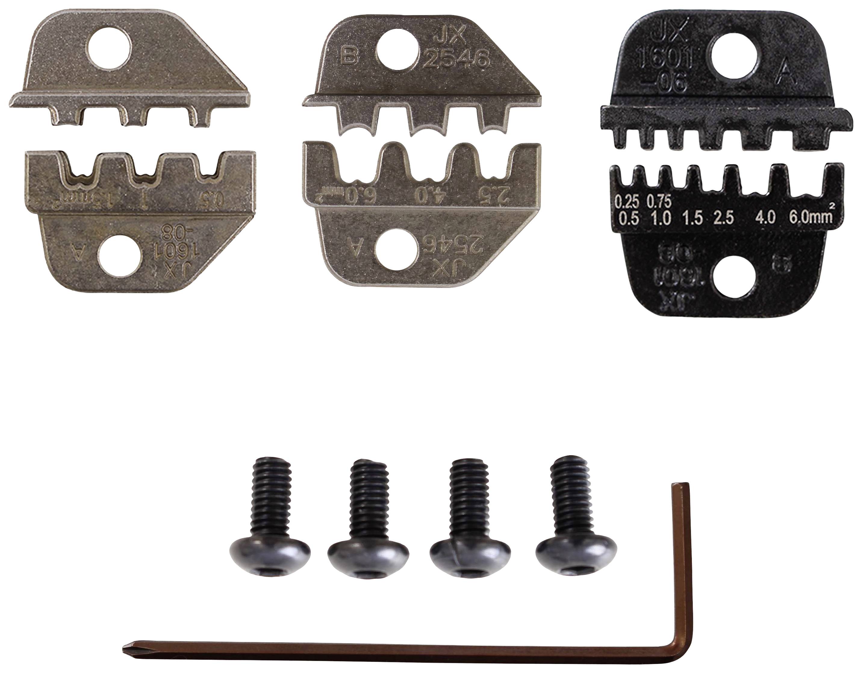 Three cable cutters and a hexagonal Allen key, accompanied by four screws, on a white background. Cable processing tools.