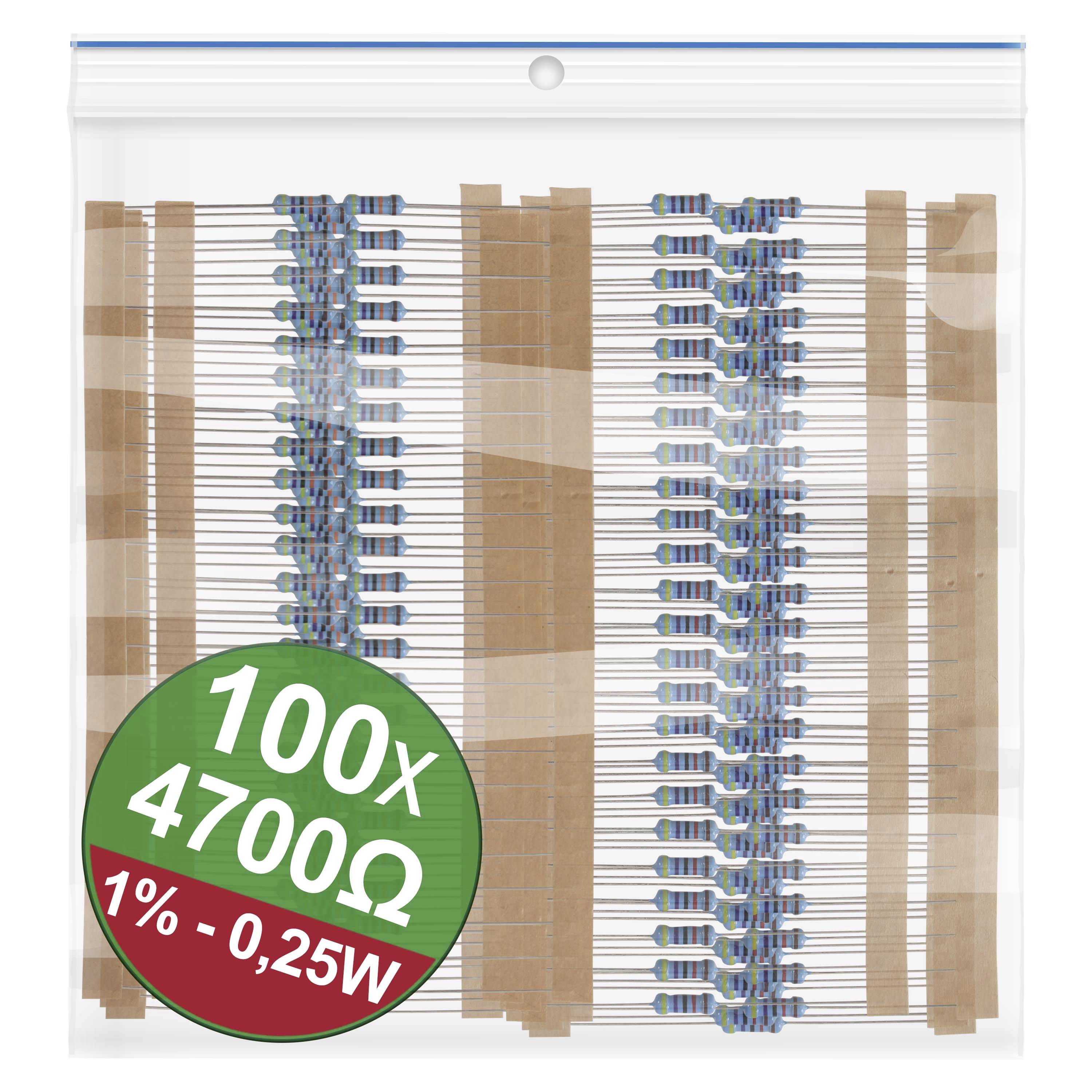 Resistance pack with 100 pieces, 4700 ohms, 1% tolerance, 0.25 watts. Used for electronic circuits and projects.