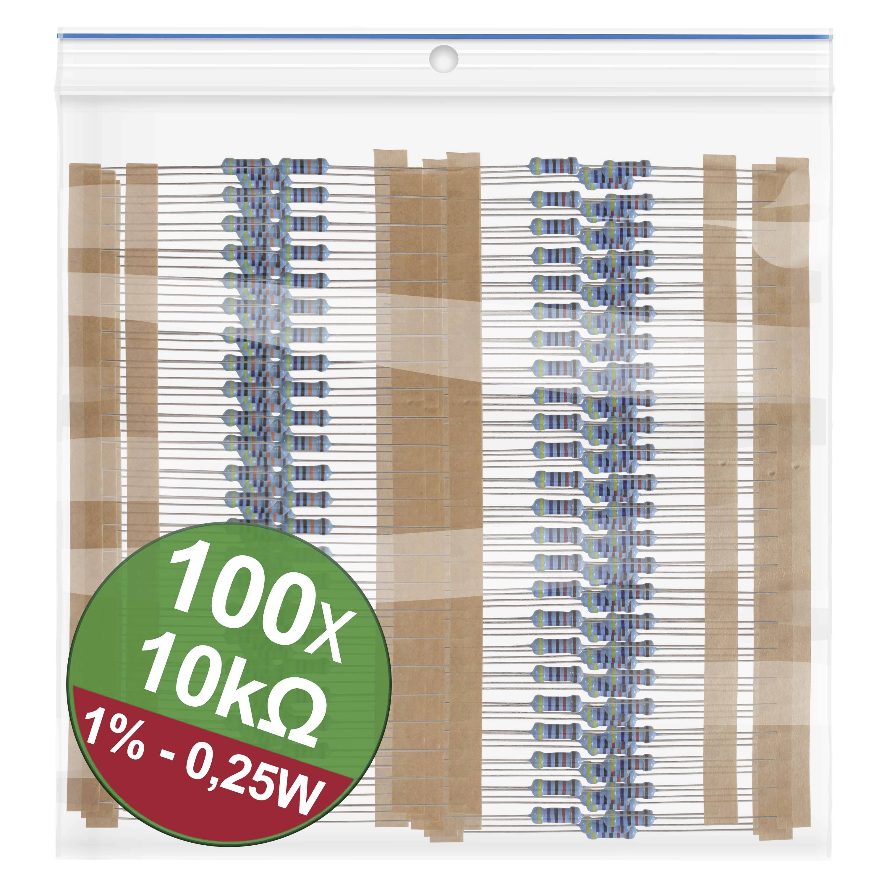 Ein Beutel mit 100 Widerständen, 10 kΩ, 1% Toleranz, 0,25 W.
