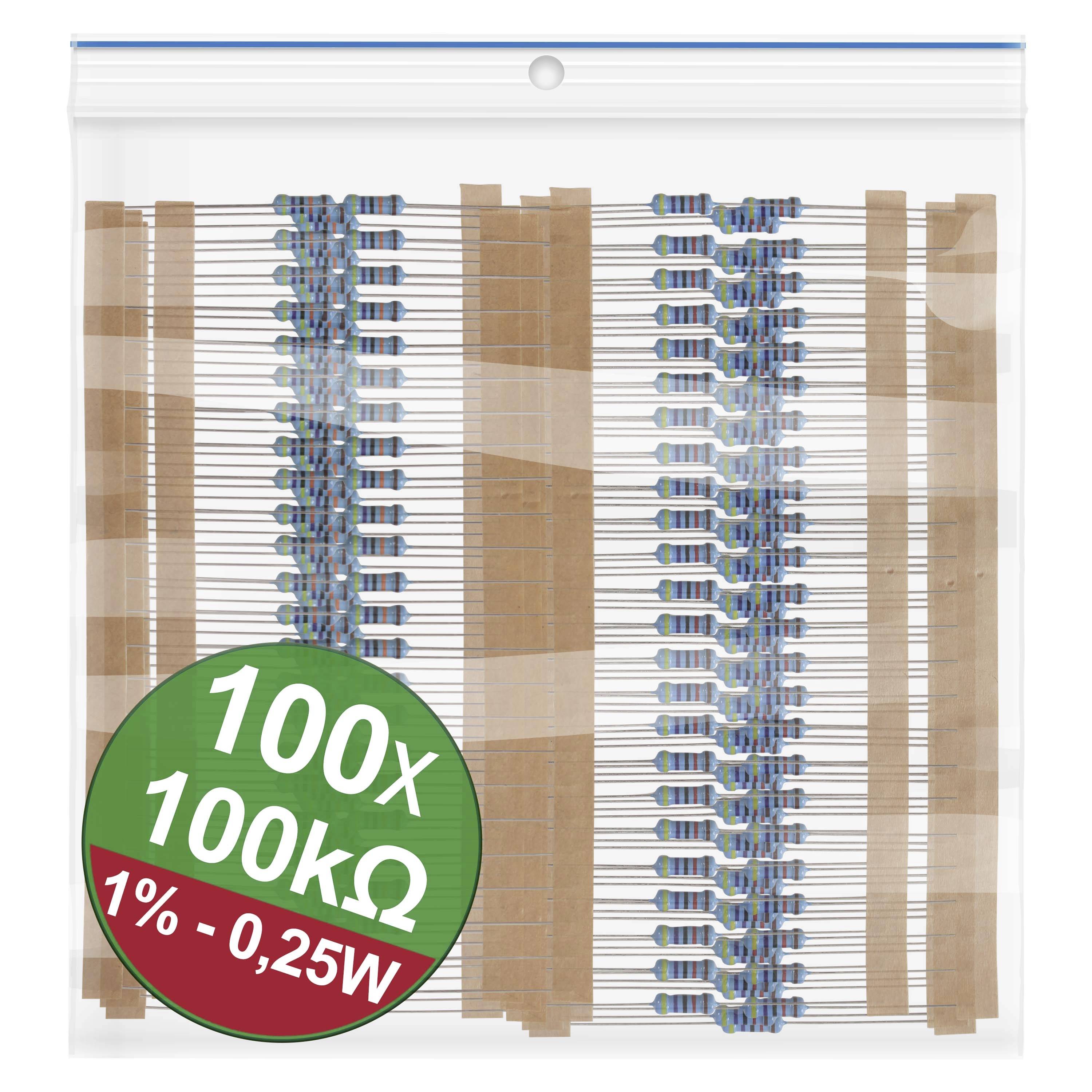 Bag of 100 resistors, 100 kΩ, 1% tolerance, 0.25 watts.
