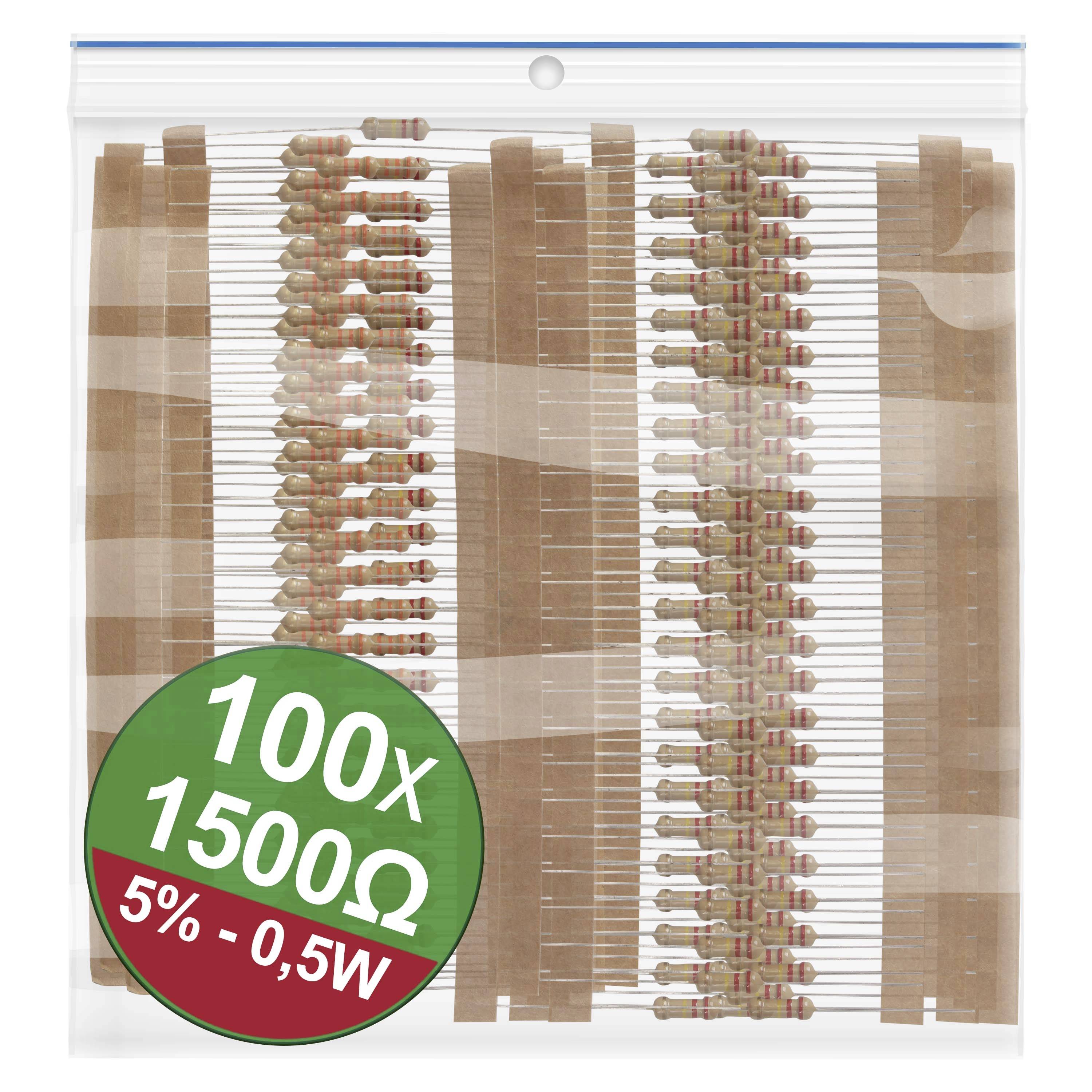 A transparent bag containing 100 resistors, labelled: '100x 1500Ω, 5% - 0.5W'.